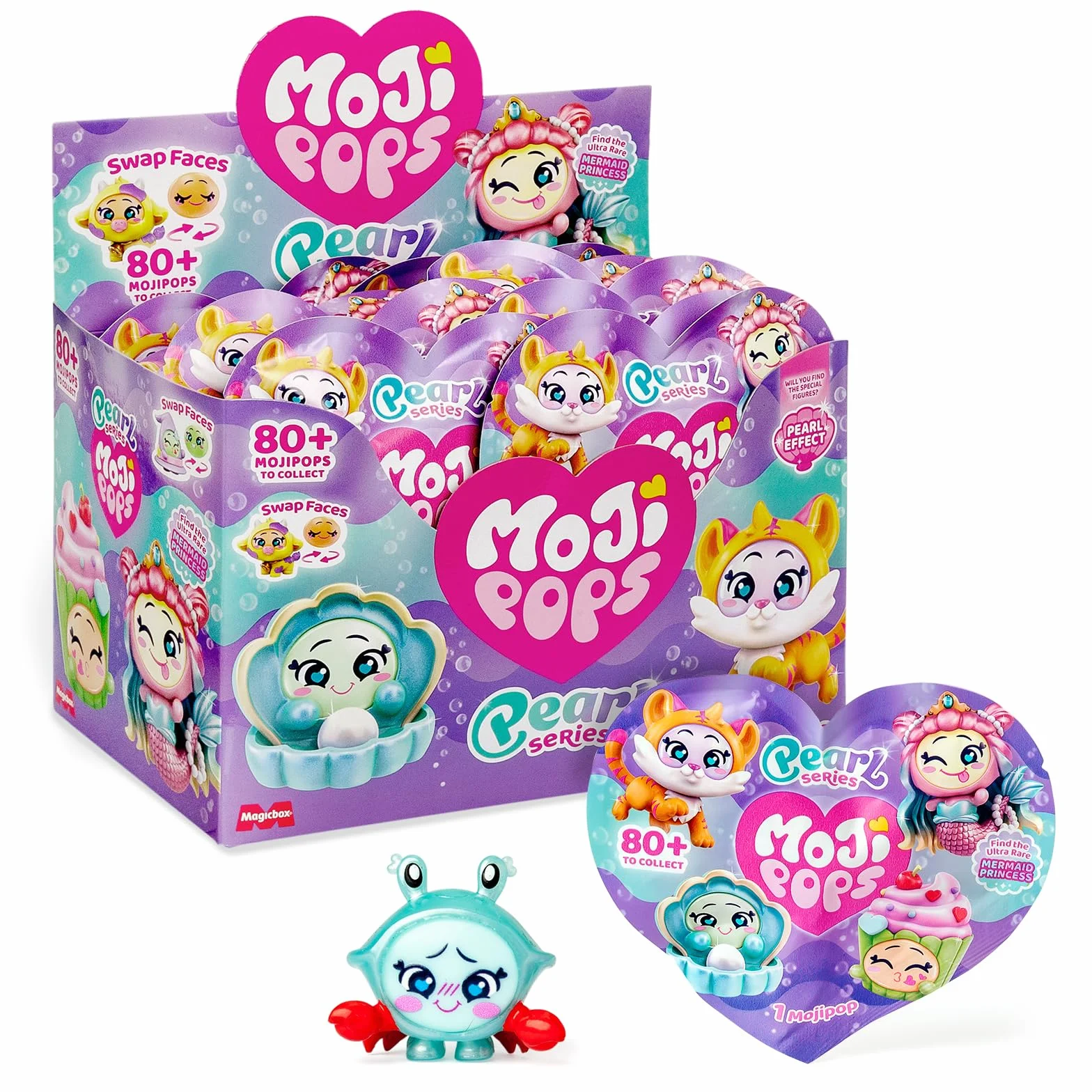 MOJI POPS Pearl Series - One Pack. Pudełko z 24 kopertami niespodzianek z figurkami kolekcjonerskimi z dwustronnymi buźkami. Każda koperta zawiera 1 niespodziankę Mojipop i 1 listę kontrolną