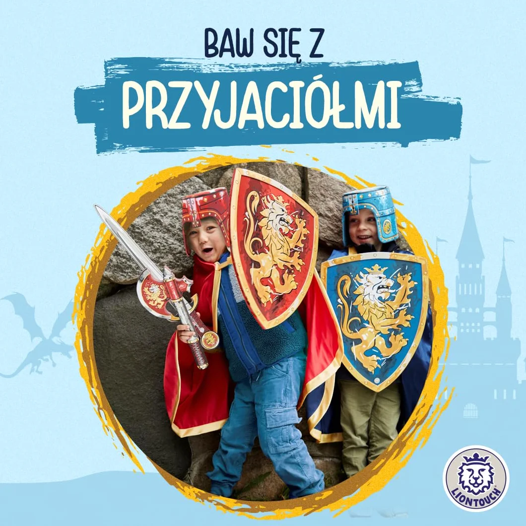 Liontouch Szlachetny kask rycerski, niebieski i czerwony, średniowieczna zabawka do zabawy w formie pianki dla dzieci z dekoracją złotego lwa, trwałe i bezpieczne akcesoria do przebrania i kostiumów