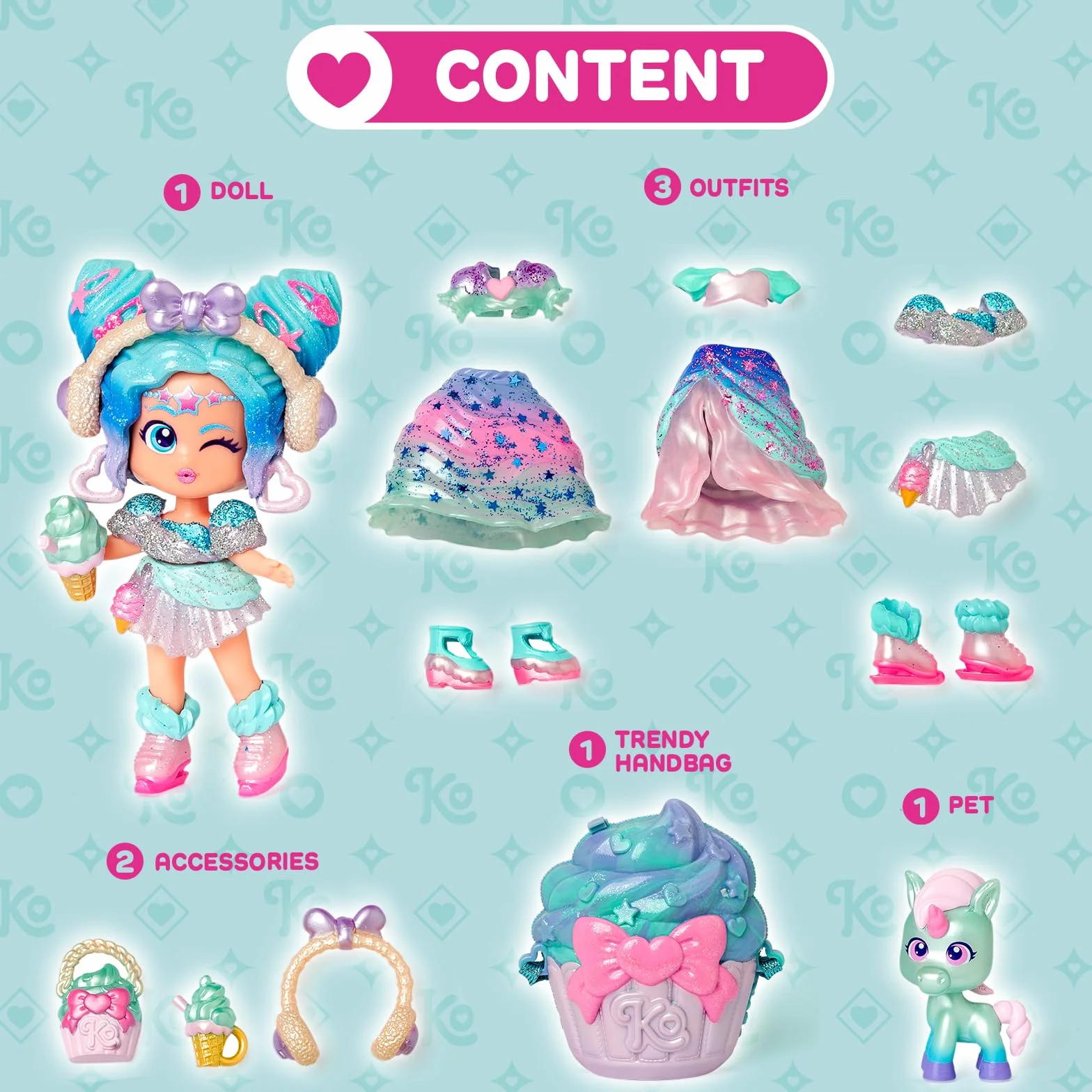 KOOKYLOOS CANDY LAND ICE CREAM STARS – 3 w 1 słodka stylowa lalka,zawartość:1 laleczka,3 stroje,2 pary bucików, mały jednorożec,przekąska, akcesoria Mix&Match i niebiesko-turkusowa torebka babeczka.
