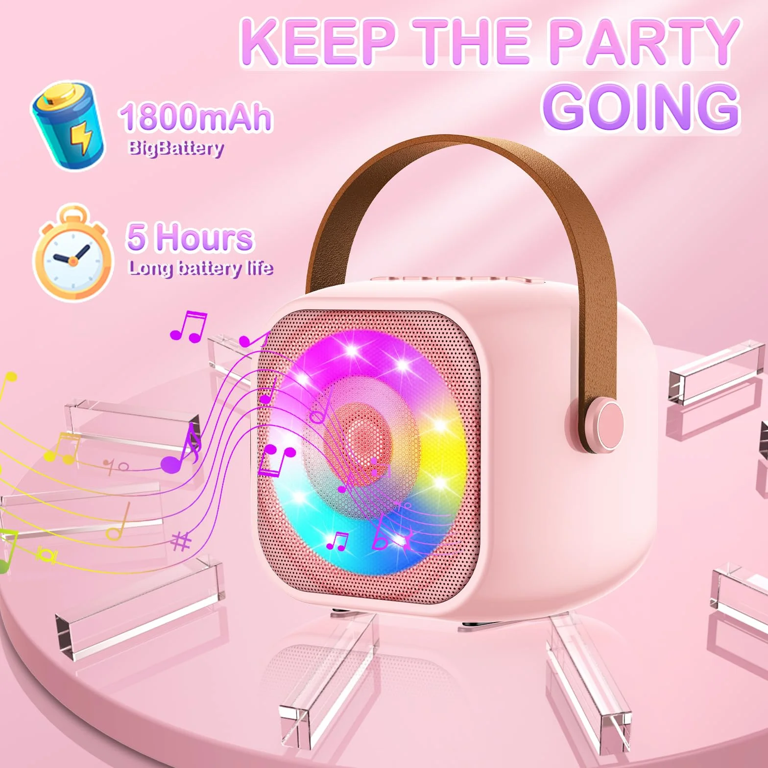 Przenośna maszyna do karaoke Bluetooth z 2 bezprzewodowymi mikrofonami, LED, dla dzieci 3-18 lat