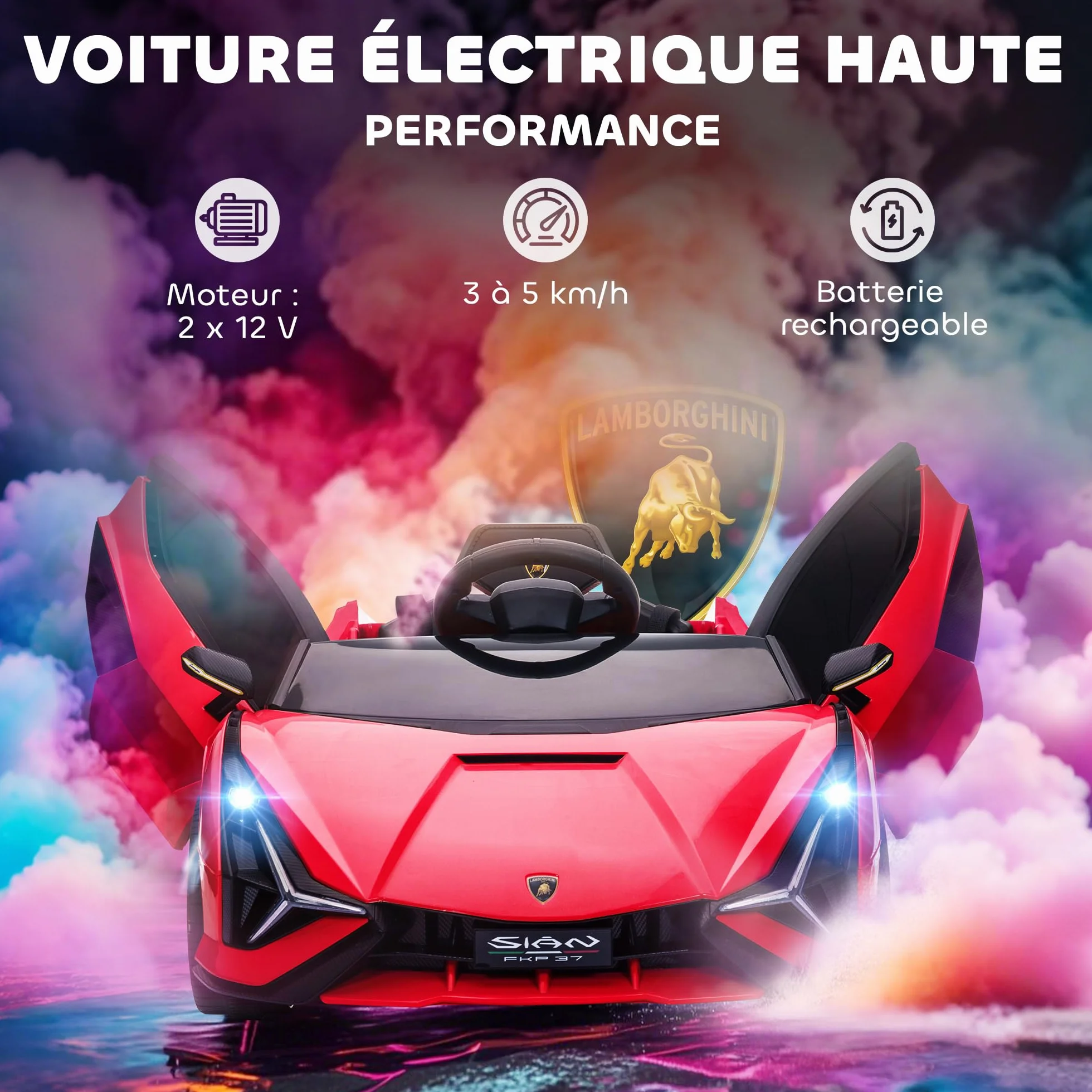 HOMCOM Licencjonowany samochód elektryczny dla dzieci Supercar Lamborghini Sian 12 V - V. Max. 5 km/h z pilotem 2,4G Efekty dźwiękowe + czerwone światło
