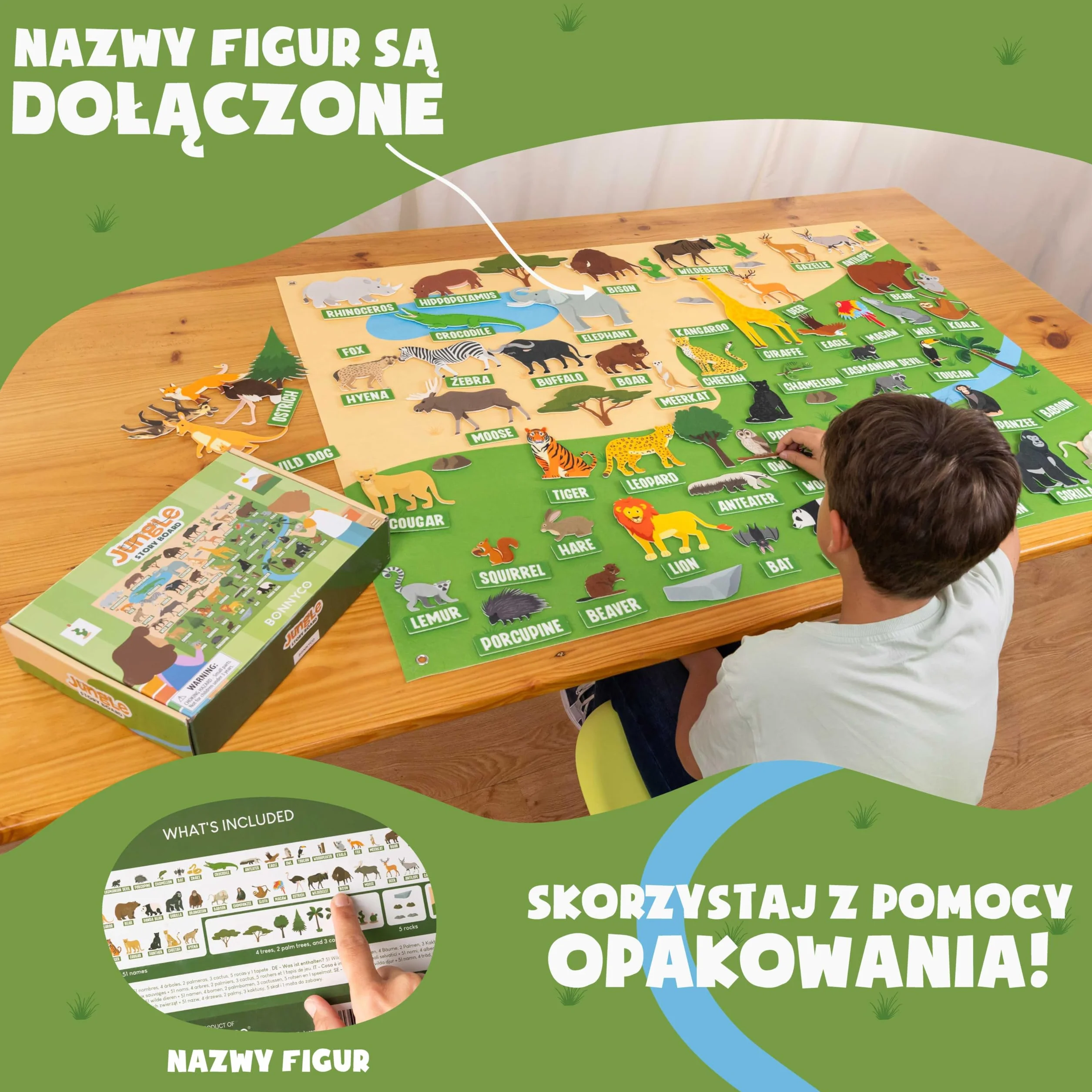 BONNYCO Tablica Filcowa z 116 Figurkami Zwierząt Dżungli. Zabawki Montessori, Prezenty Urodzinowe dla Dzieci w Wieku 3-8 Lat. Panel Sensoryczny dla Autystów, Edukacyjne Materiały