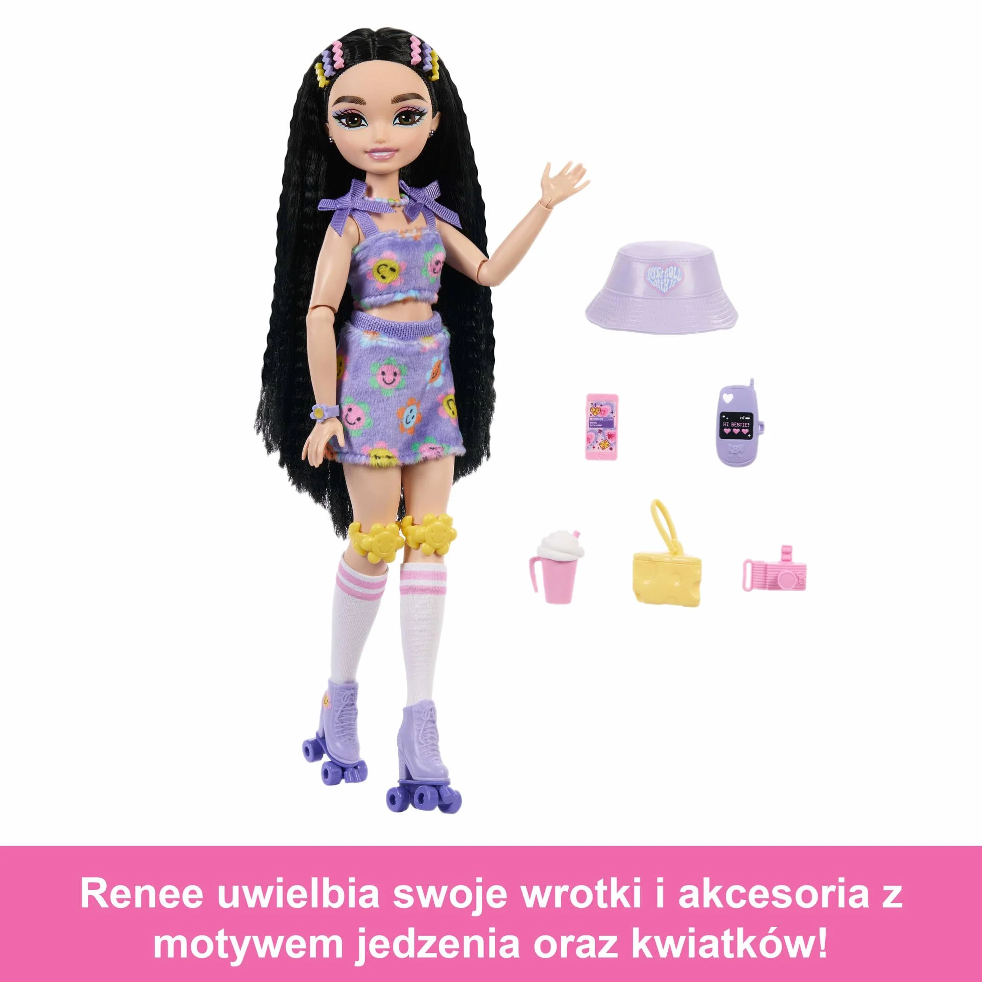 Barbie Dream Besties Lalka Renee na wrotkach do ustawiania w różnych pozach, z czarnymi włosami, wrotkami i akcesoriami, zestaw, zabawka dla dzieci od 4 roku życia, JFX99