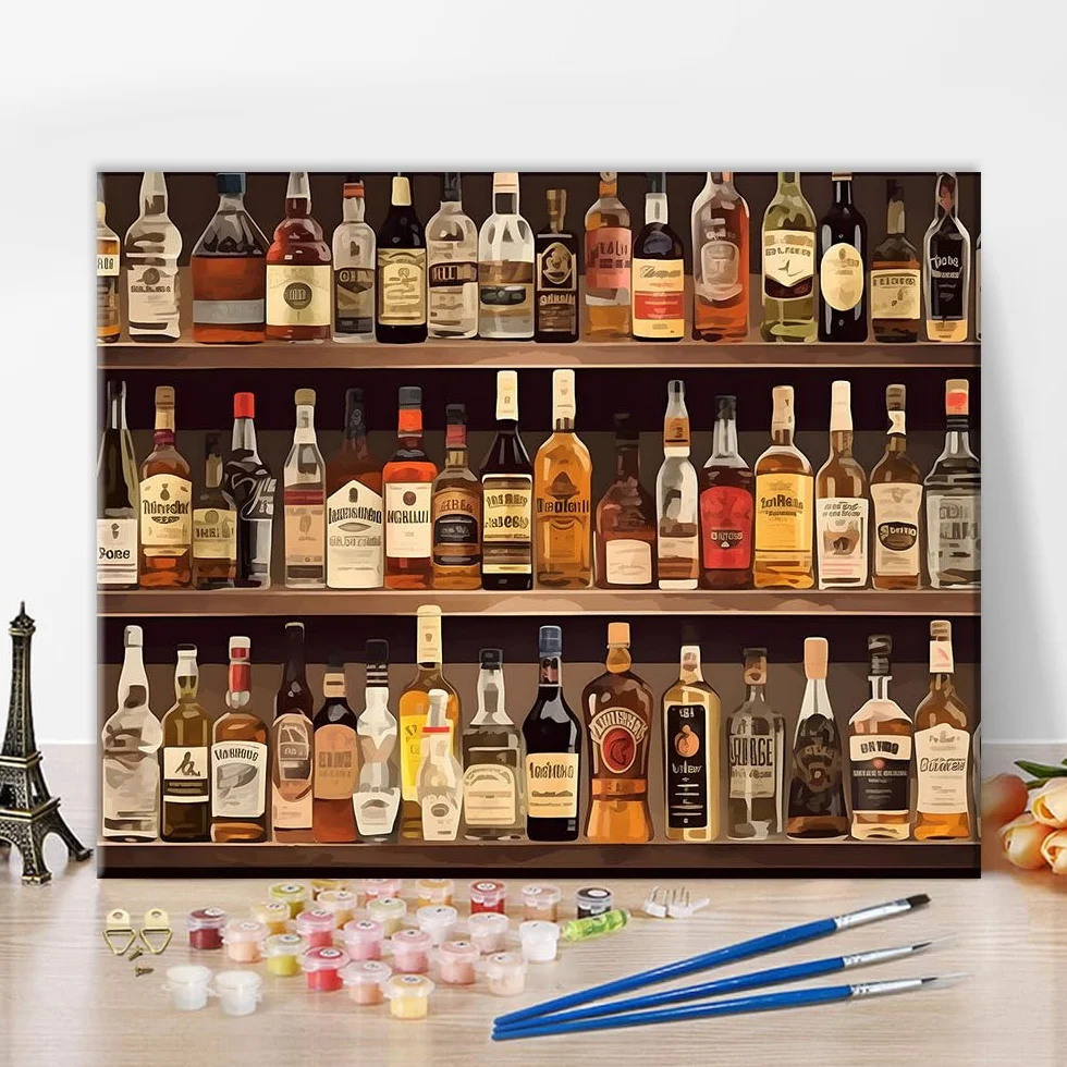 TISHIRON Butelka na alkohol, zestaw do malowania według liczb na płótnie dla dorosłych początkujących whiskey akryl