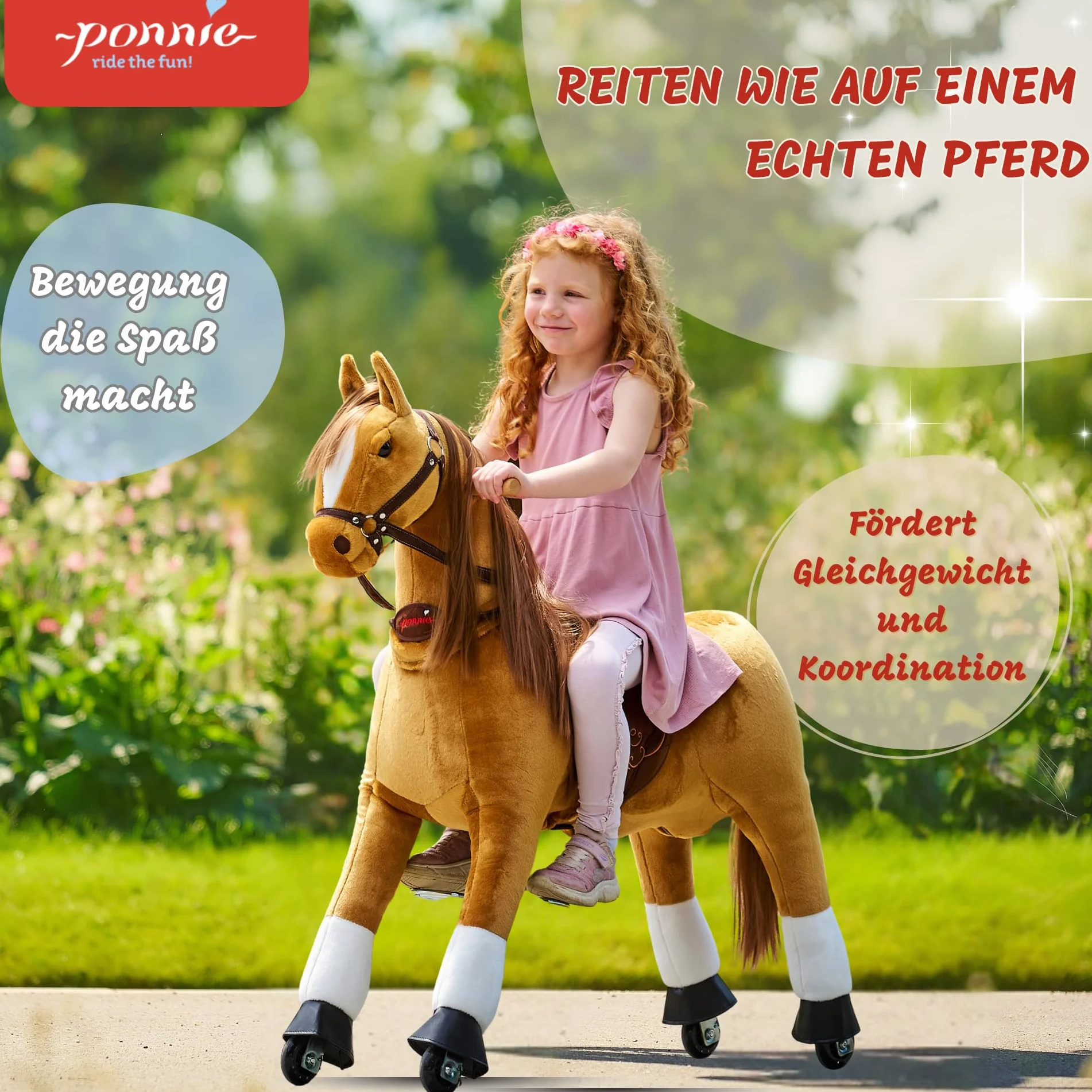 Nosidełko dla dzieci, fantazyjny koń na rolce, M (5-12 lat), mechaniczny pluszowy koń do jazdy, nosidełko dla dzieci ze zdejmowanym siodłem, z kołnierzem, grzywą i ogonem do stylizacji