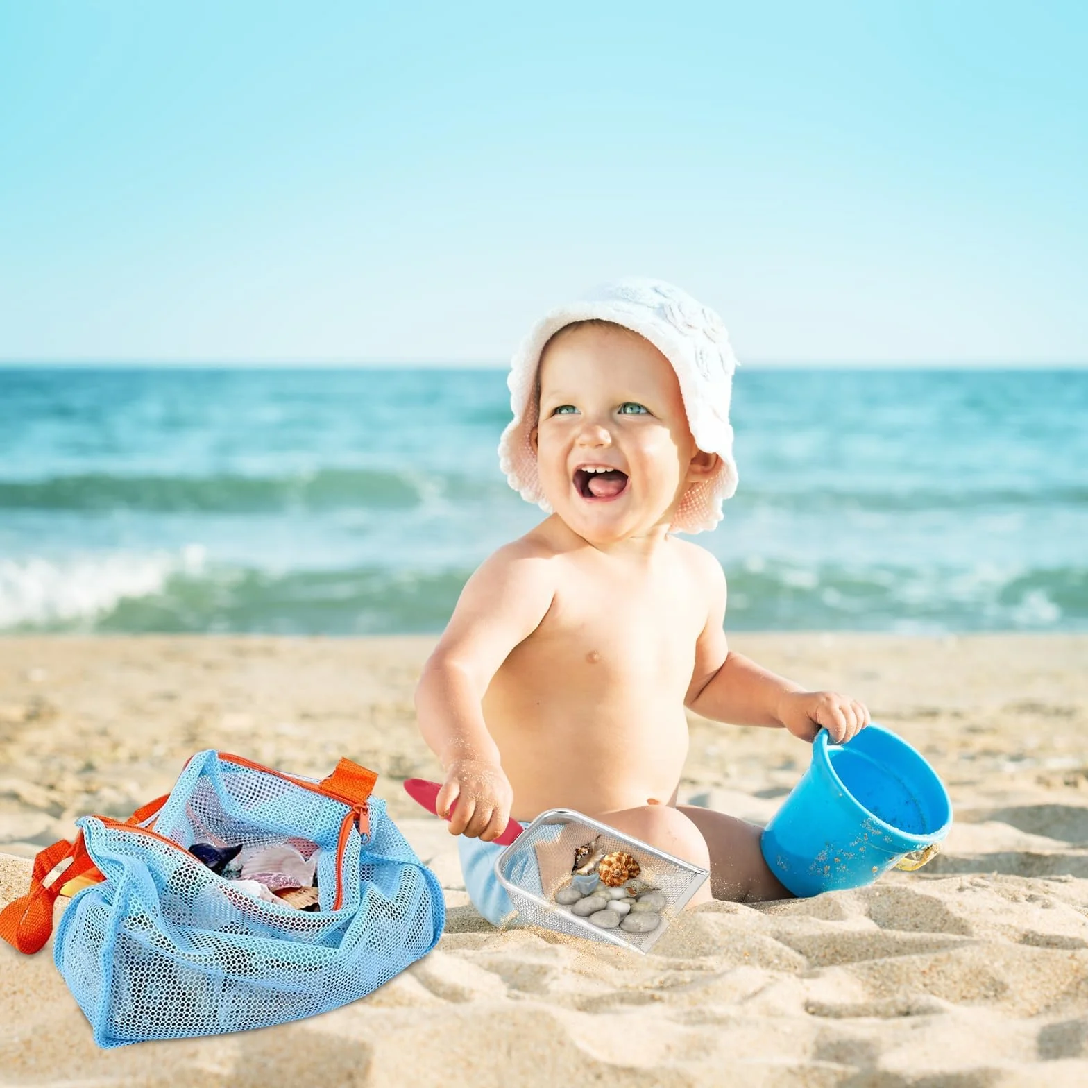 Zabawka plażowa dla dzieci, metalowa łopata plażowa dla dzieci, zbieranie muszli filtracyjnych, siatkowa torba plażowa dla dziewczynek i dziewczynek (niebieski pomarańczowy)