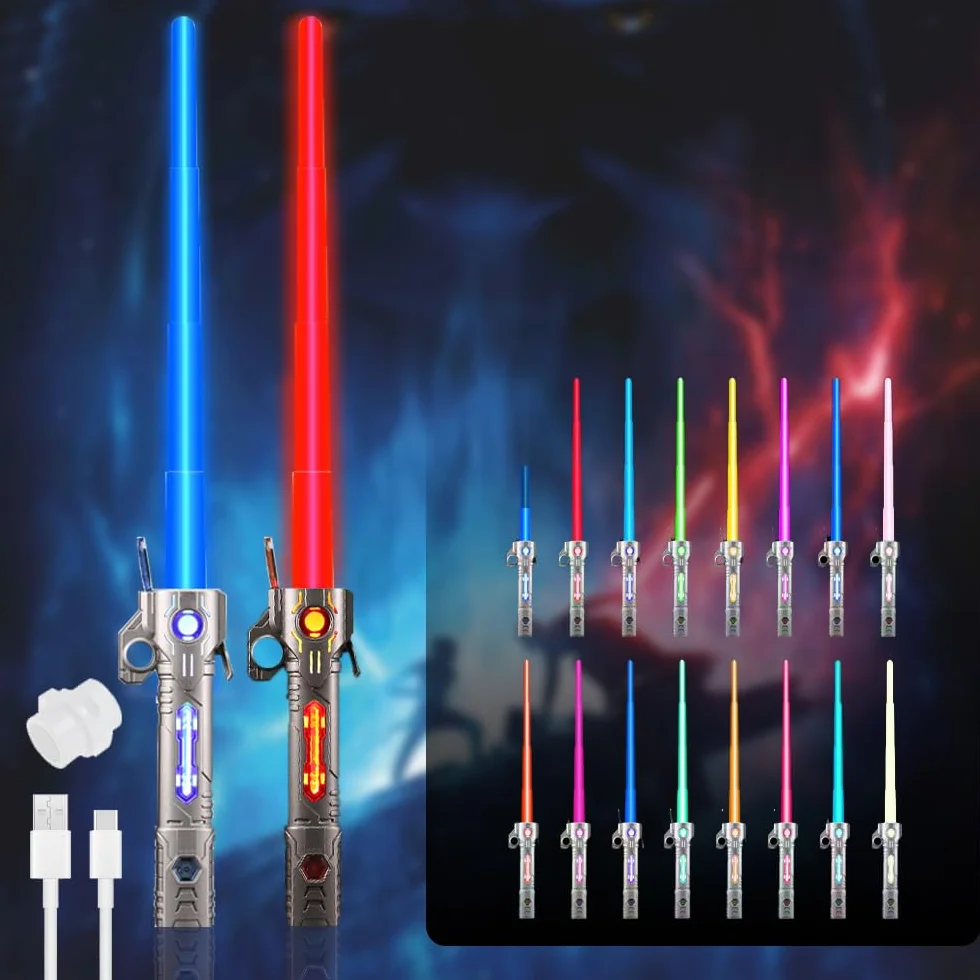 Miecz świetlny Star Wars dla dzieci 2 w 1, 15 kolorów, z oświetleniem i dźwiękiem, srebrny + czarny
