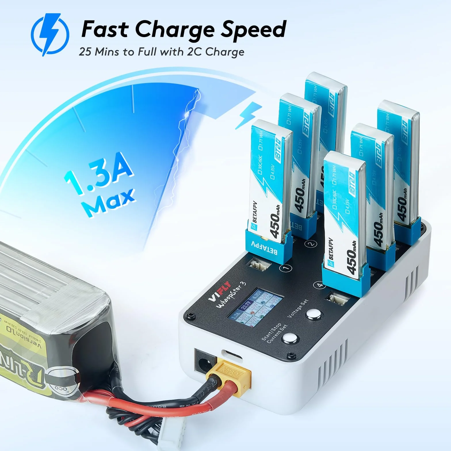VIFLY WhoopStor V3 1S Ładowarka do magazynowania i rozładowywania akumulatora LiPo z wyświetlaczem LCD Mała ładowarka Whoop z łącznikami PH2.0 i BT2.0