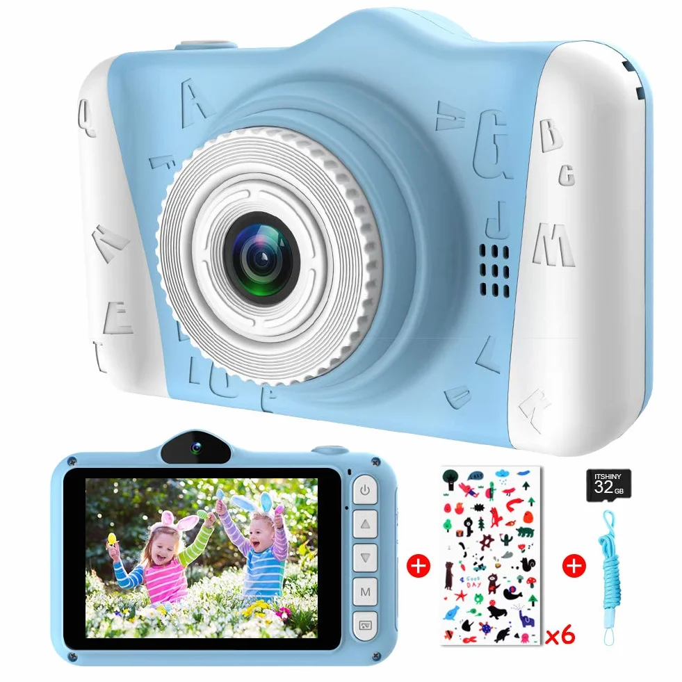 Kamera dla dzieci – aparat cyfrowy z dużym ekranem 3,5-calowym 1080P HD 12 MP, karta SD 32 GB, USB, kamera do selfie, niebieski
