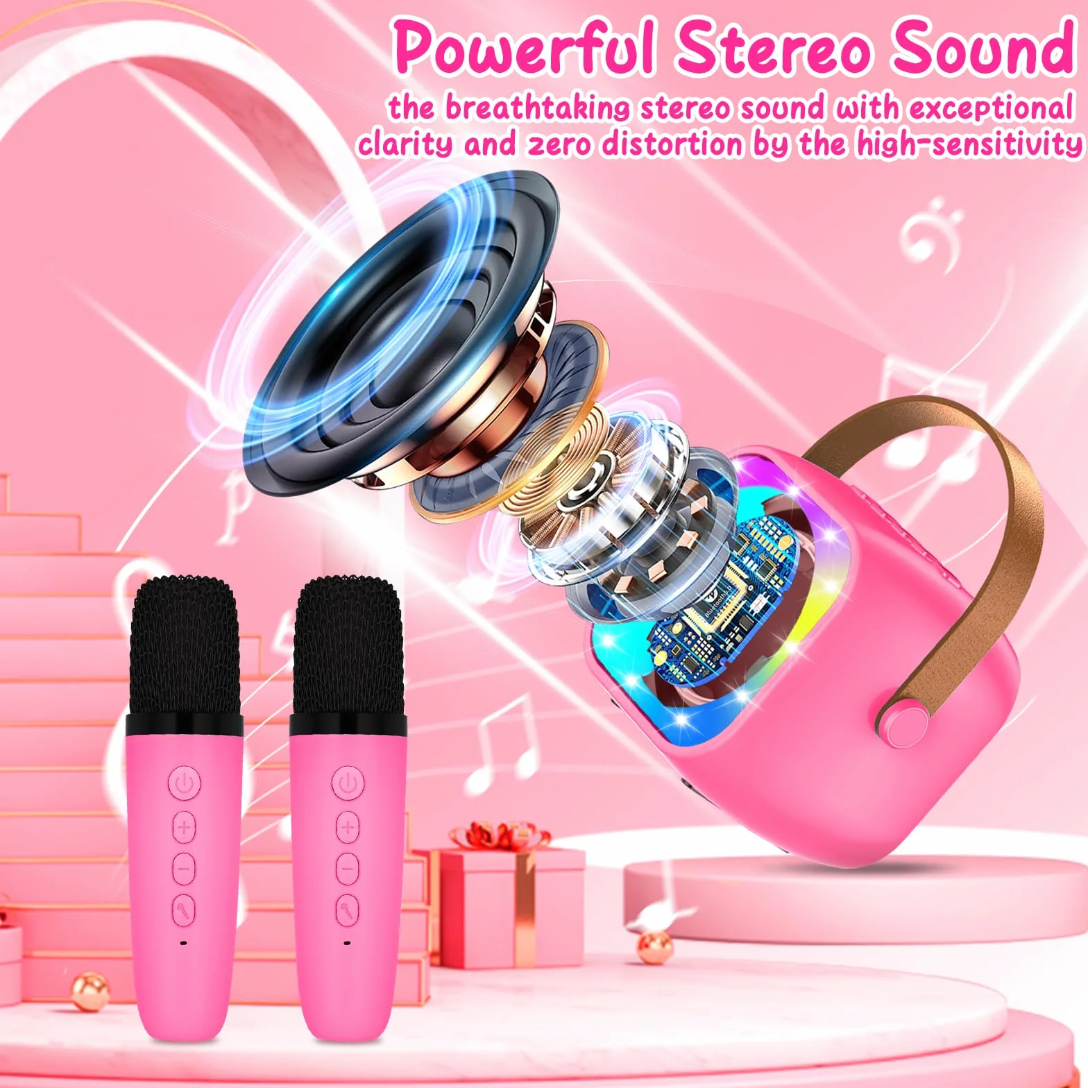 Maszyna do karaoke dla dzieci z 2 mikrofonami, mini mikrofon bezprzewodowy do karaoke, przenośny głośnik Bluetooth ze światłami LED, prezent dla dziewcząt i chłopców