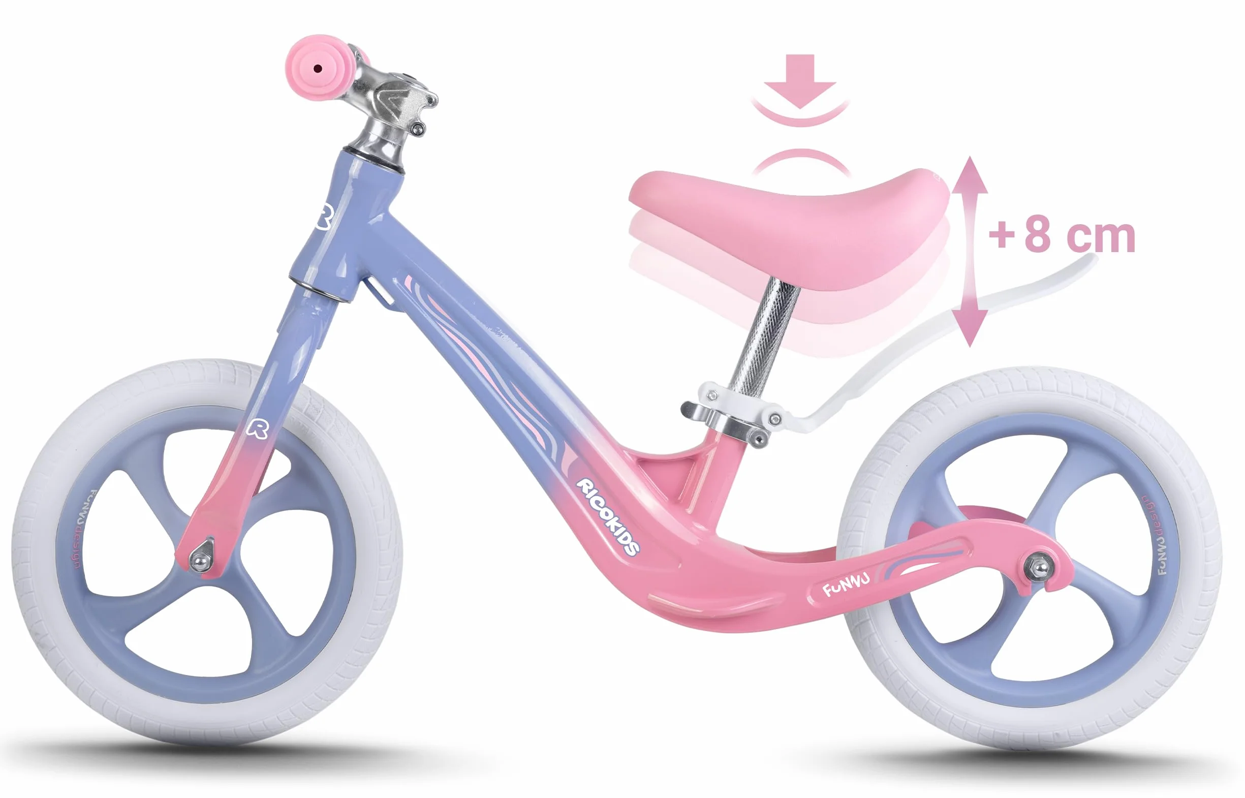 Ricokids Rowerek Biegowy dla Dzieci - Regulowane Siodełko - Opony PU 12'' Odporne na Przebicia - Funnu Niebieski Różowy