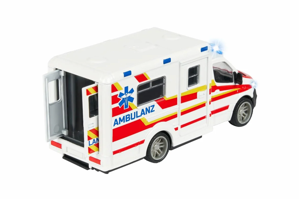 Majorette Grand 213712001038 MercedesBenz Ambulans 12,5 cm, światło i dźwięk, Licencjonowany metalowa karetka die cast do zabawy na świeżym powietrzu, prezent dla dzieci od 3 lat