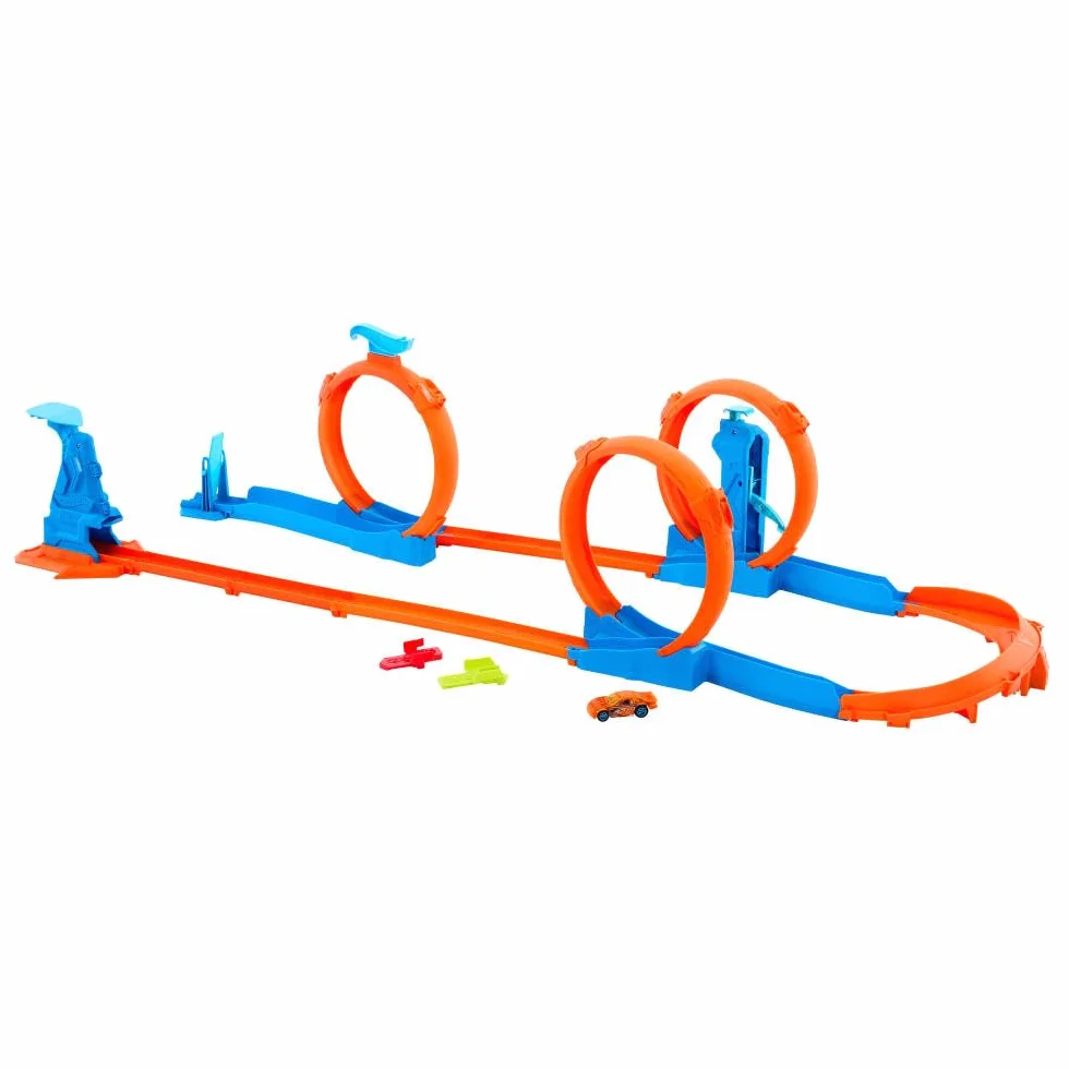 Hot Wheels Track Creator Tor wyścigowy Trzy pętle Zestaw do zabawy: samochód zabawka w skali 1:64, elementy do zbudowania toru z 3 pętlami, system torów Speed Snap Szybki klik i adaptery, JDW39