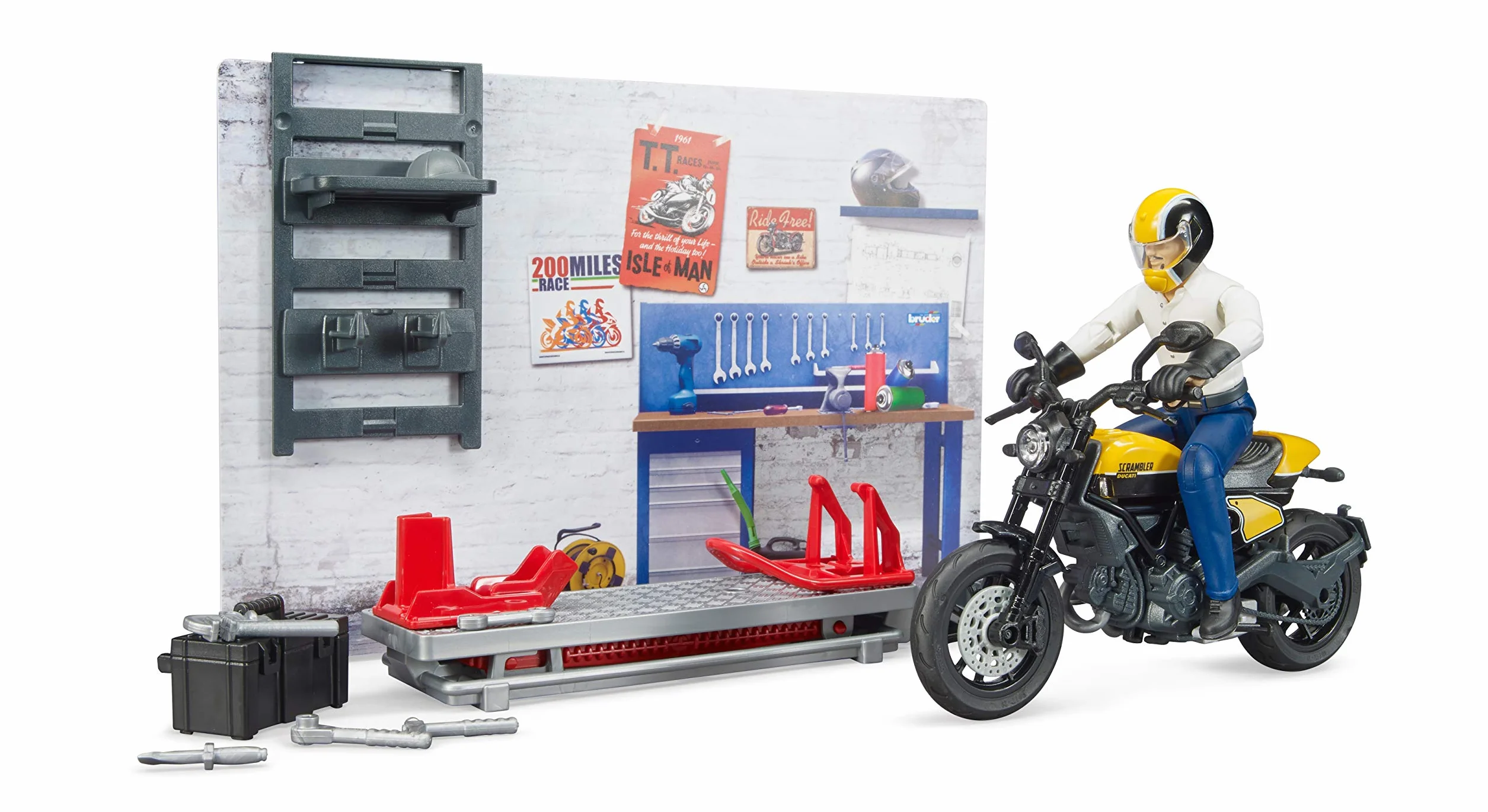 bruder 62102 - bworld warsztat motocyklowy Scrambler Ducati Full Throttle z mechanikiem, warsztat, zabawkowa figurka