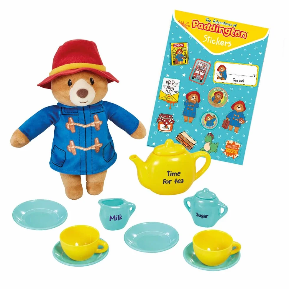 Rainbow Designs Paddington Bear's Toy Tea Set – 9-częściowy zestaw do herbaty dla dzieci z czajnikiem, kubkami, spodkami i dzbankiem na cukier – zawiera pluszową zabawkę, walizkę wielokrotnego użytku