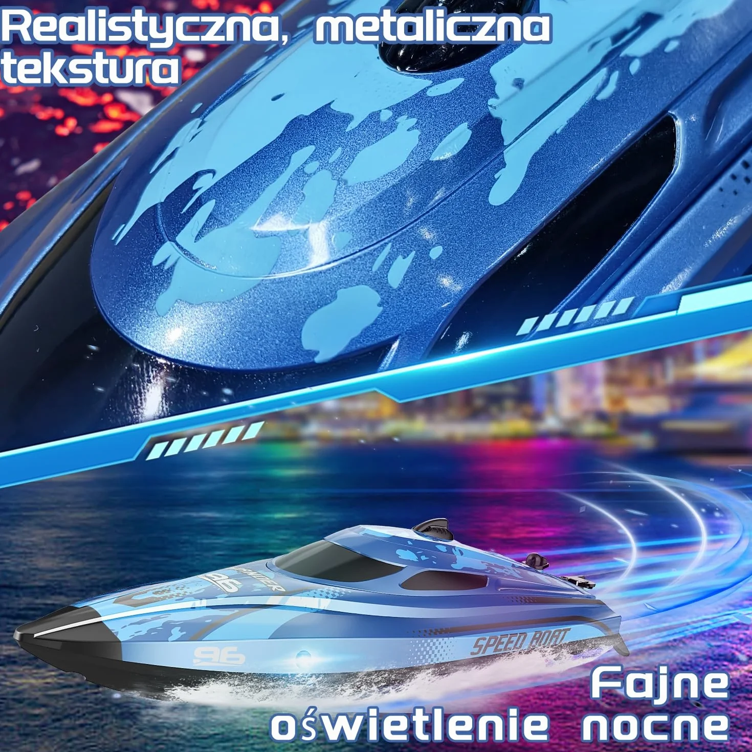 Zdalnie sterowana łódź ze światłem LED, 25 km/h, zdalnie sterowana łódź dla dzieci, 2,4 GHz Speedboot z 2 bateriami do 40 minut odtwarzania, RC Speedboot prezent dla dzieci w wieku od 6 do 8 lat
