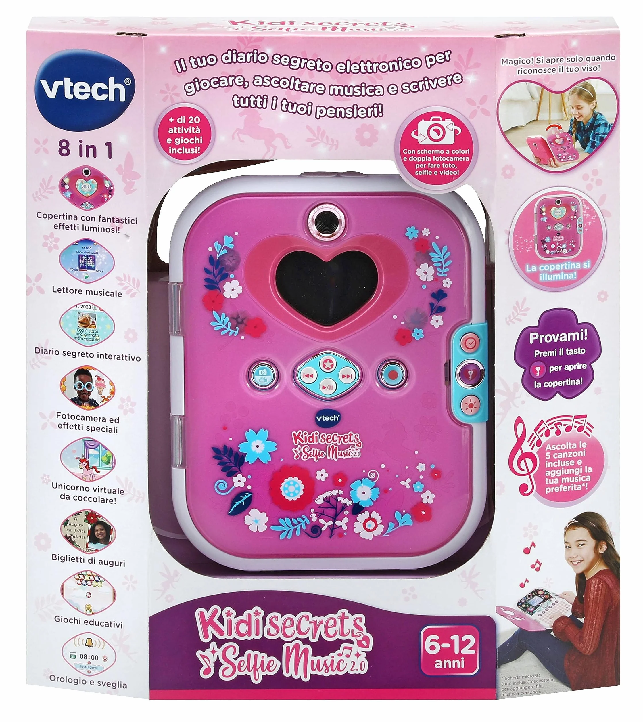 VTech KidiSecrets Selfie Music 2.0, interaktywny dziennik dla dzieci z podwójnym aparatem i MP3, elektroniczny dziennik z kolorowym ekranem i klawiaturą, język włoski, baterie w zestawie, 6-12 lat