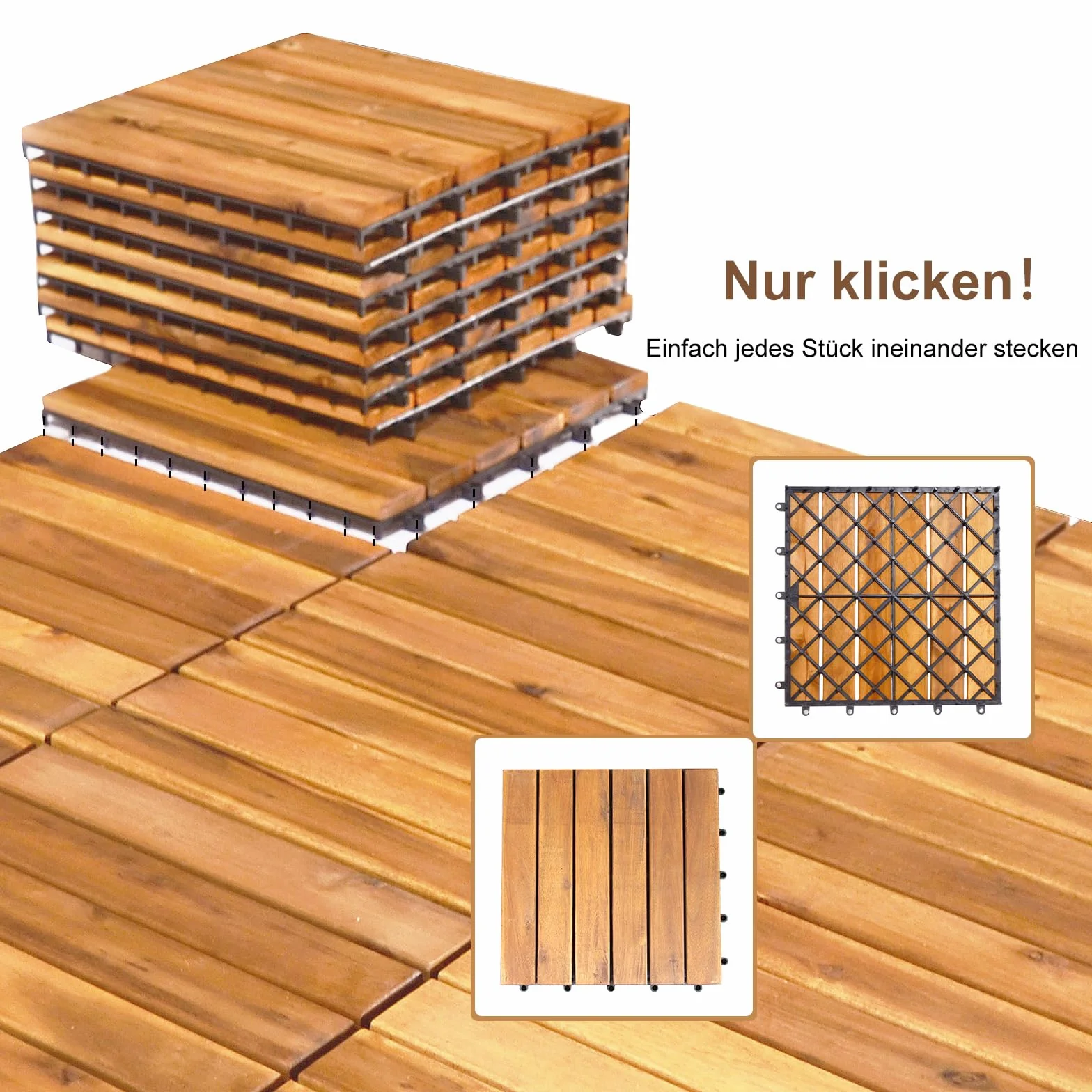 COSTWAY Płytki drewniane, na balkon, 30 x 30 cm, drewno akacjowe, zestaw 27 płytek tarasowych 2,43 m², płytki balkonowe z systemem zatrzaskowym, wykładzina podłogowa na taras, balkon i do ogrodu