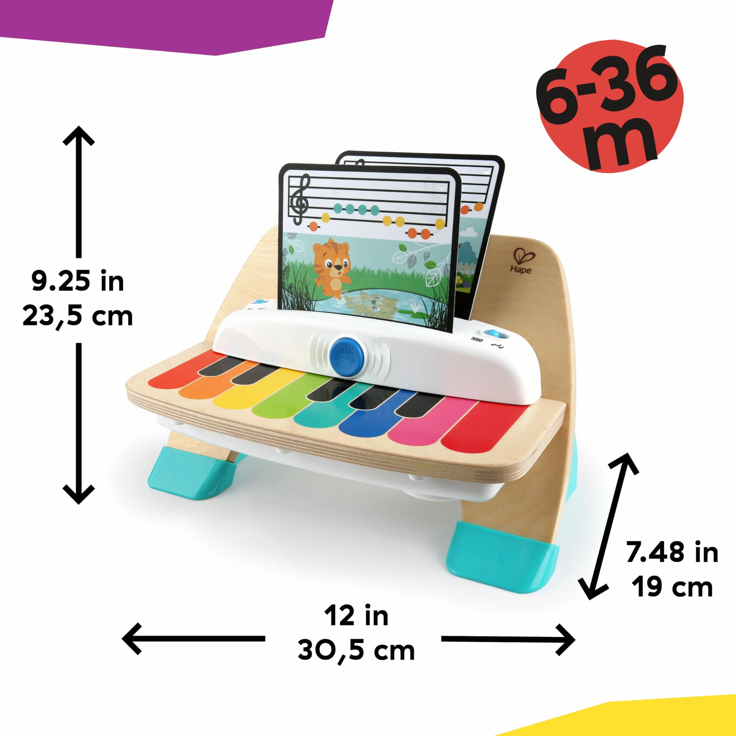 Baby Einstein Hape Magic Touch Piano Wooden Musical Toy Instruments for Toddlers, 2 Play Modes, 6 Songs, Volume Control, Age 6 Months +