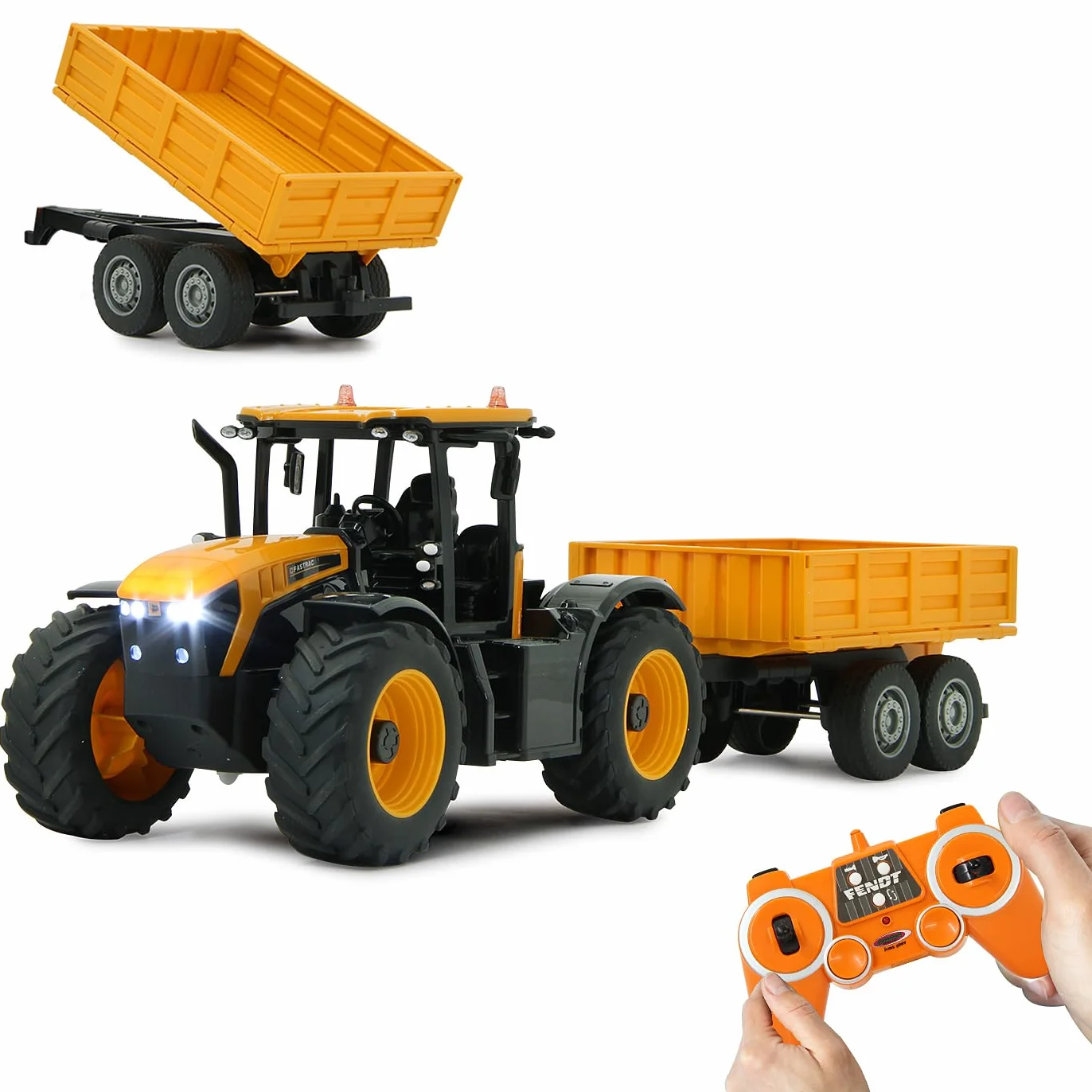 JAMARA JCB Fastrac traktor z przyczepą uchylną 1:24 2,4 GHz – napęd na 2 koła, profilowane opony gumowe, światło LED, rolnictwo