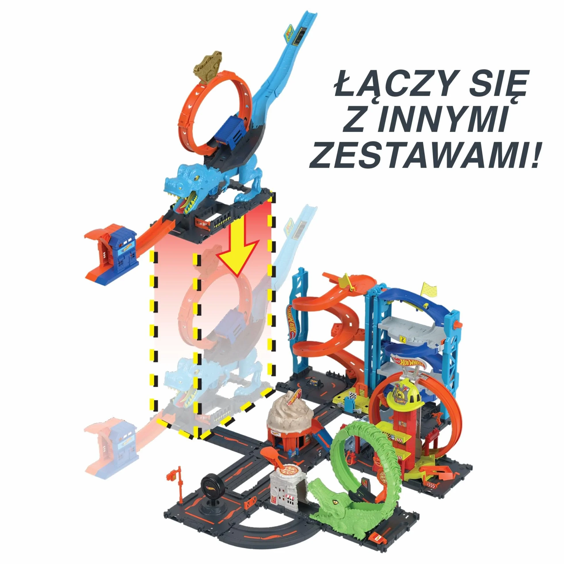 Hot Wheels City Pętla T-Rexa Zestaw z ogromną pętlą i starciem z dużym dinozaurem, HNP77