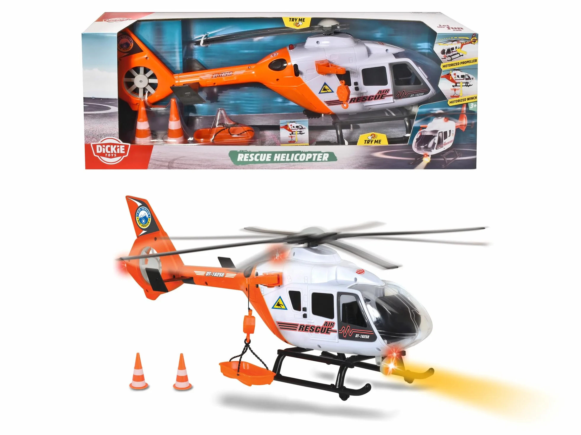 Dickie Toys Helikopter ratunkowy z oświetleniem i dźwiękiem, obracający się wirnik, wciągarka linowa, 64 cm