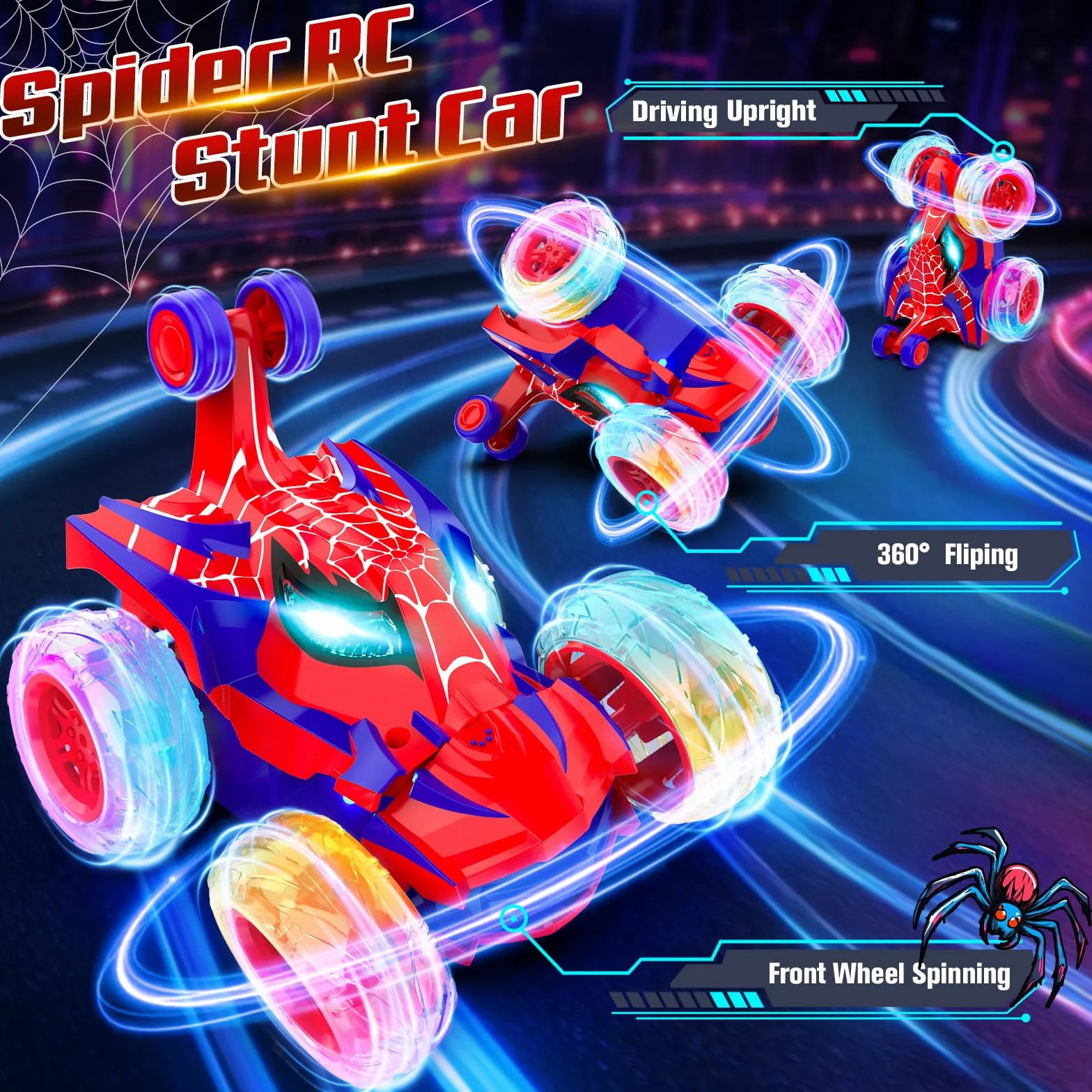 Samochód zdalnie sterowany pająk, sterowanie radiowe 2,4 GHz Monster Truck ze światłami RC samochody zabawki 3 4 5 6 7 8 9 10 lat, zdalnie sterowany samochód 360° urodziny dzieci prezenty świąteczne