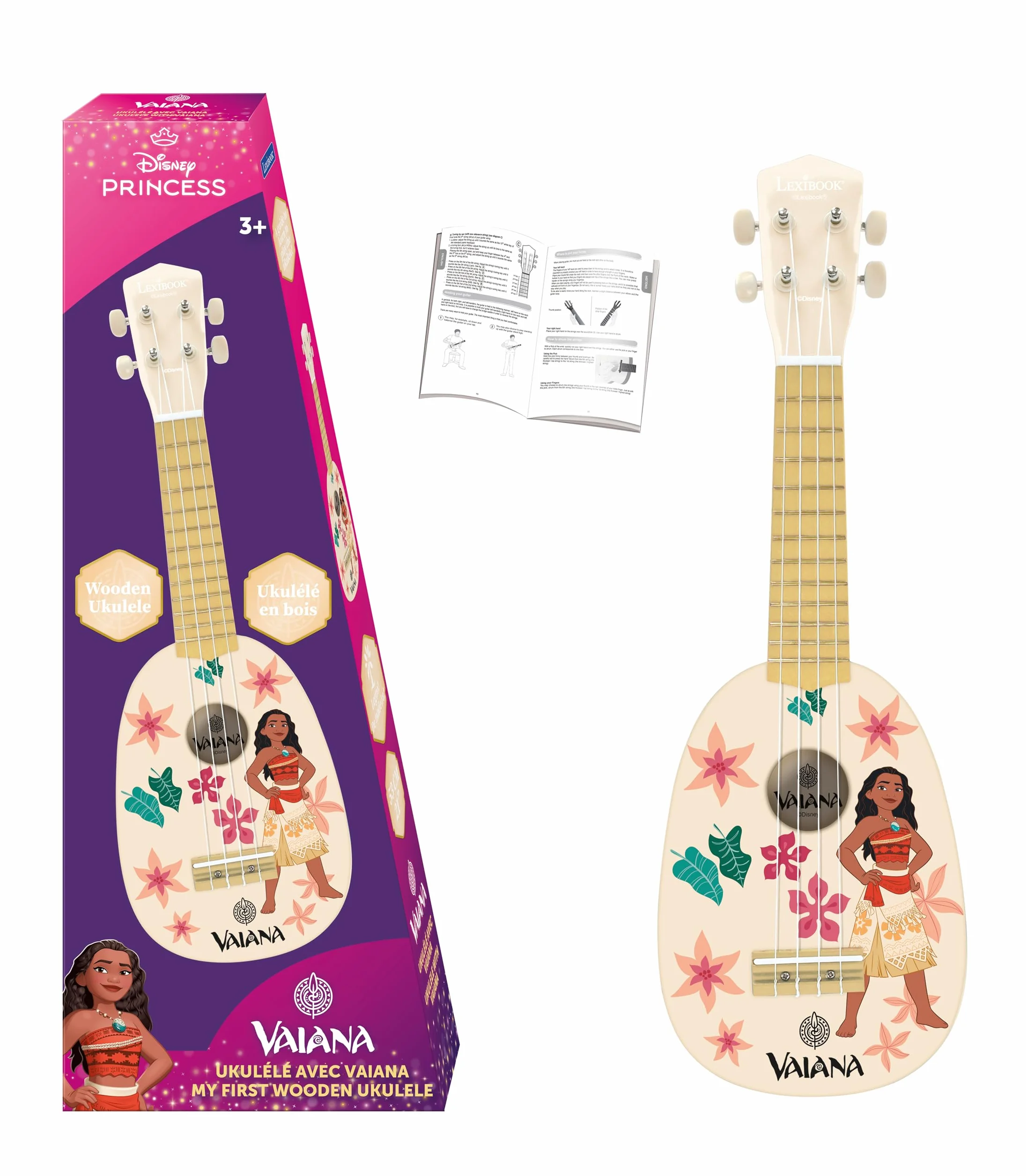 Lexibook, Disney Vaiana, Mój pierwszy drewniany ukulele, 4 nylonowe struny, 53 cm, przewodnik w zestawie, niebieski, K230VN