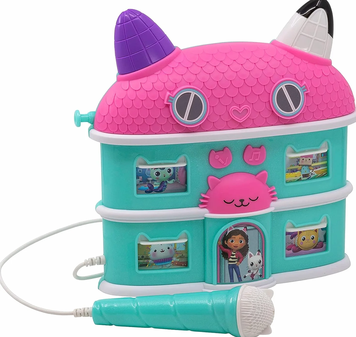 eKids Gabby's Dollhouse Sing Along Boom głośnik bokserski z mikrofonem, maszyna do karaoke dla dzieci z wbudowaną piosenką i efektami dźwiękowymi
