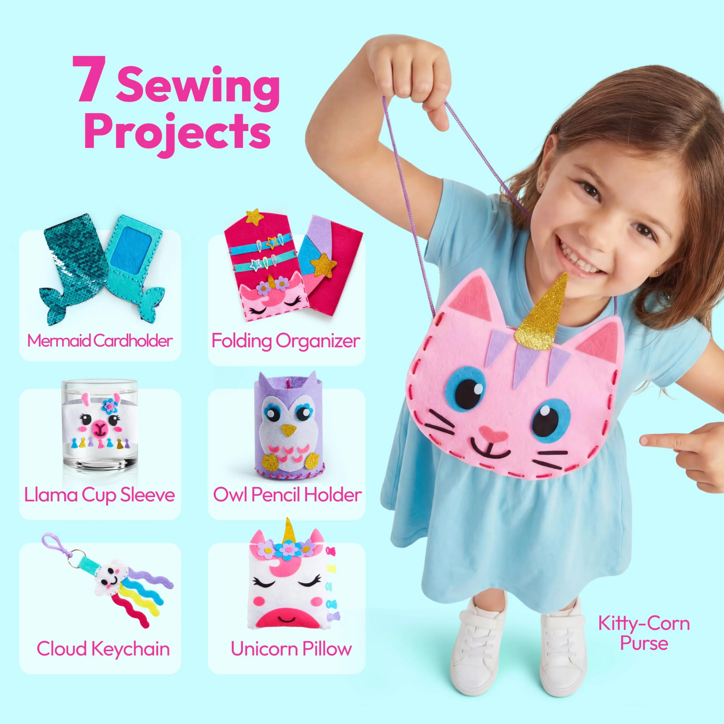Klever Kits Pierwszy filcowy zestaw do szycia dla dzieci 6-10 lat, 7 DIY prac, poduszki z jednorożcem, etui na karty syrenki