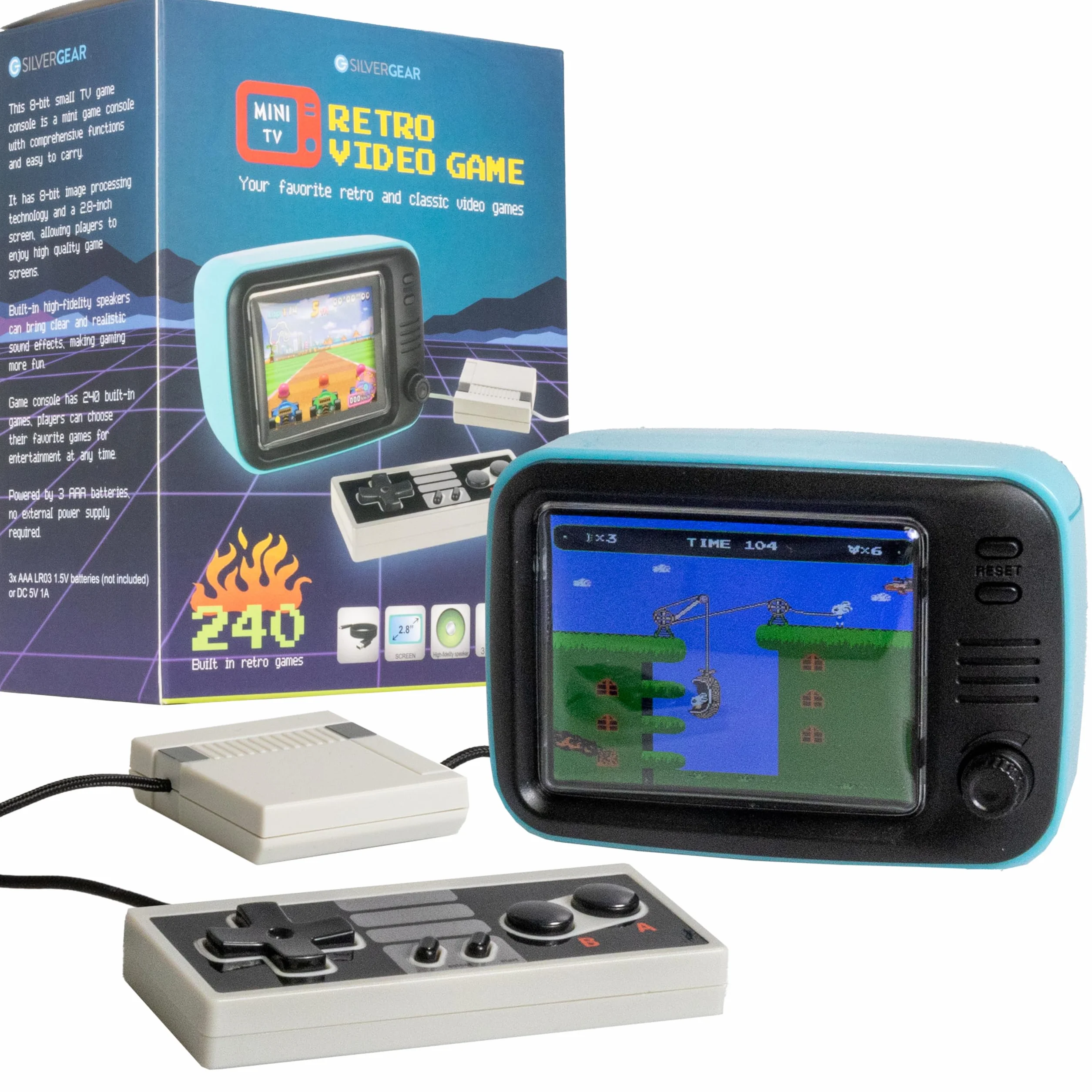Silvergear® Mini TV Retro Video Game, analogowa konsola kieszonkowa w stylu retro, z 240 klasycznymi grami, przenośna konsola do gier, 61 x 64 x 94 mm, niebieska