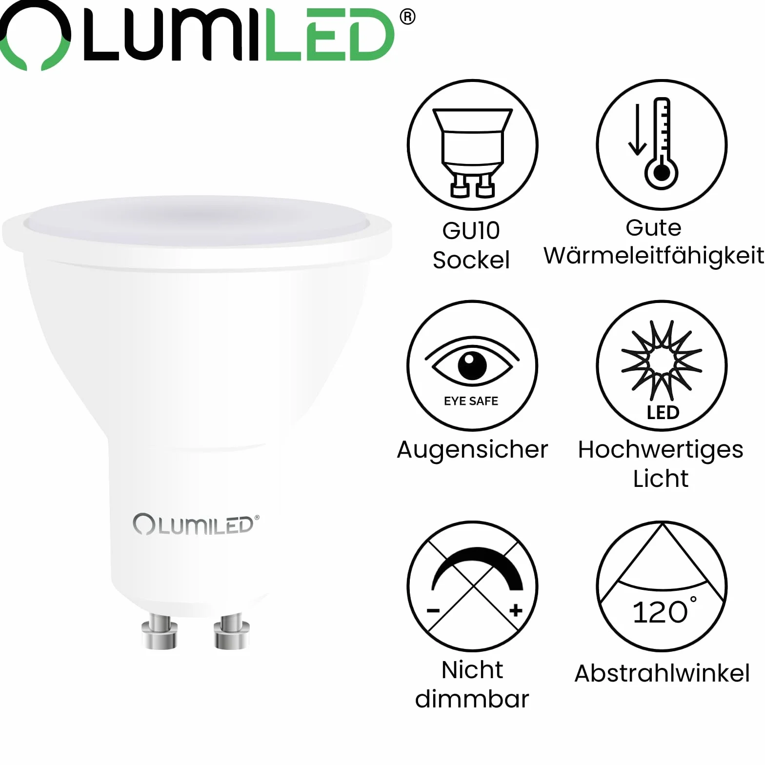 Lumiled LED GU10 PAR16 8W zastępuje 75W 800lm 4000K Neutralna Biel 120° Nieściemnialna Zestaw 10 sztuk Energooszczędne Żarówki Reflektorowe do Kuchni, Salonu, Biura, Korytarza