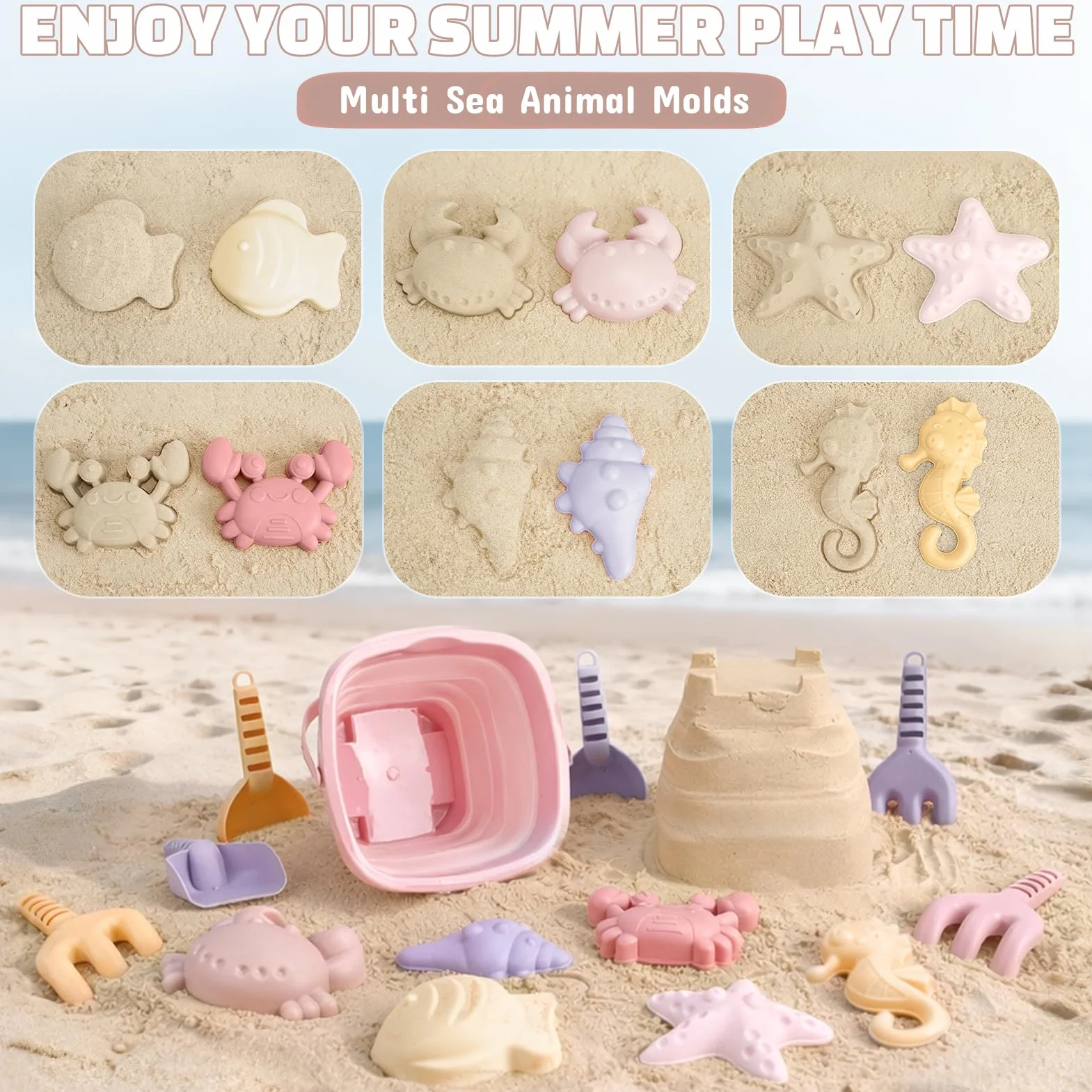 Dreamon Zabawka do piasku, zabawka plażowa, dla dzieci, 18 sztuk, zabawka podróżna ze składanym wiadrem, piaskownica, zabawka na plażę, dla dzieci od 1, 2, 3, 4, 5 lat, dla dziewczynek i chłopców