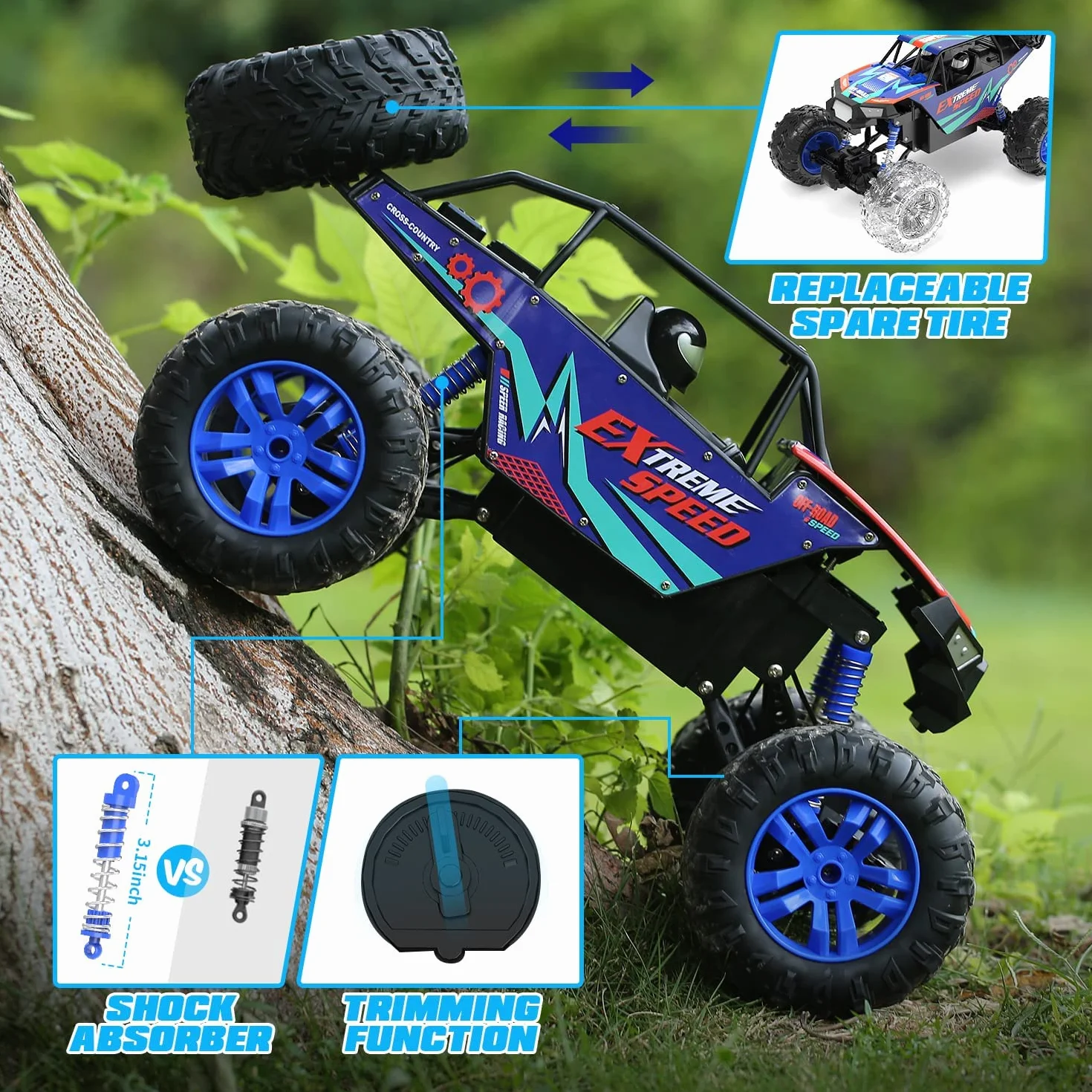 DEERC Duże samochody zdalnie sterowane 1:8 Off-Road Monster Truck z realistycznym dźwiękiem, 2,4 GHz 4WD Rock Crawler zabawka na każdy teren, 2 baterie na 80 minut zabawy