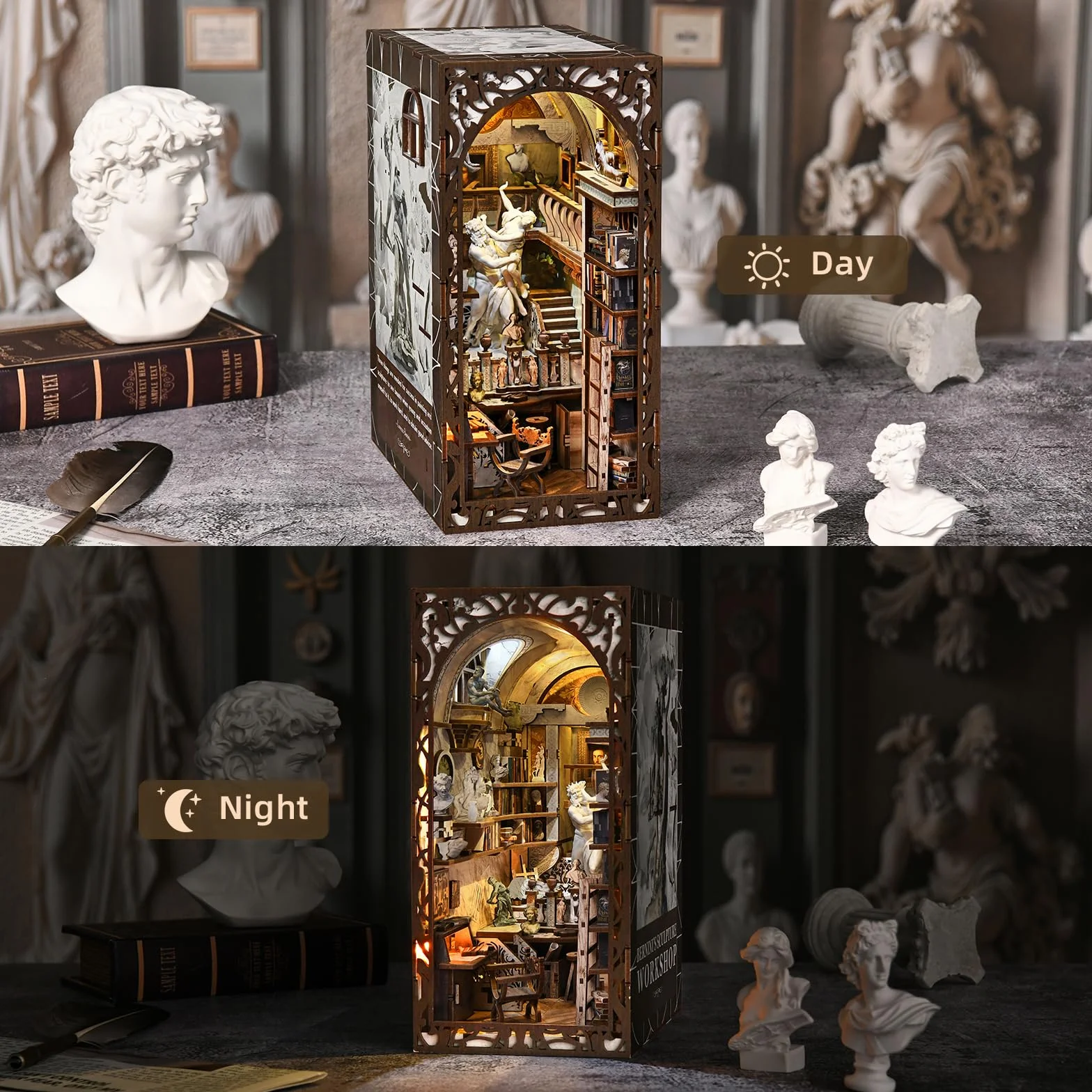 MiniCity Book Nook zestaw do budowania, miniaturowy domek dla lalek 3D, kącik na książki, zestaw z oświetleniem LED i osłoną przeciwpyłową - Bernini's Workshop