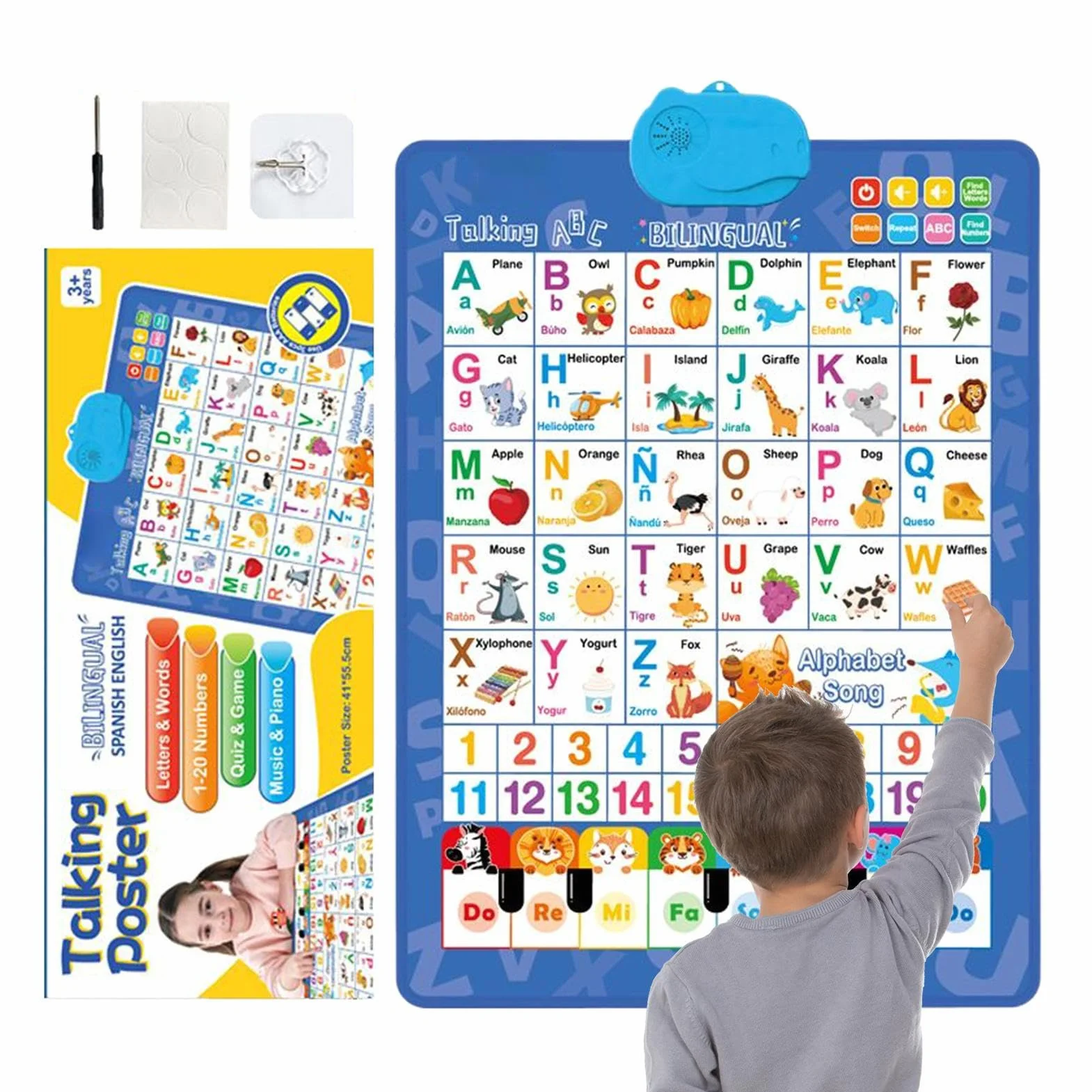 Alphabet Wall Chart, Talking Bilingual Interactive Poster, Spanish and English Music Learning Toy for Kids Ages 3-8, Classroom, Preschool, Language Development