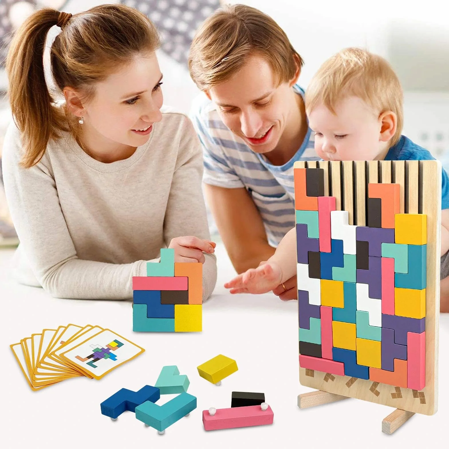 Drewniane puzzle Tetrs, geometryczne bloki