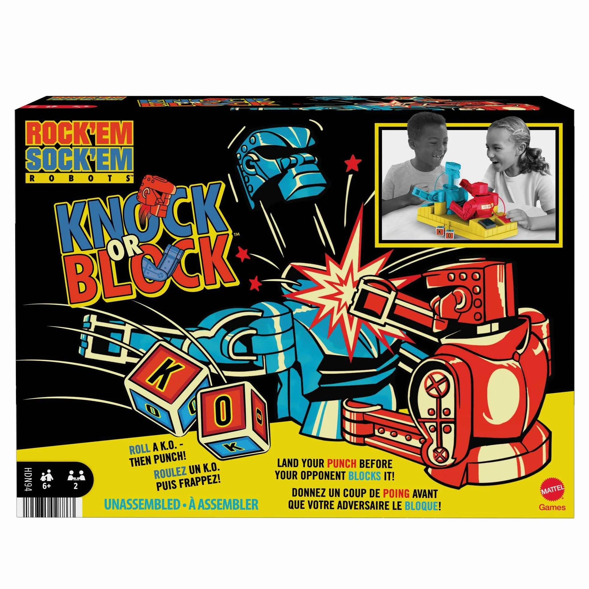 Walczące roboty Uderzaj lub blokuj Gra bokserska z ręcznie sterowanymi figurkami Red Rocker i Blue Bomber na ringu, prezent dla dzieci od 6 roku życia, HDN94