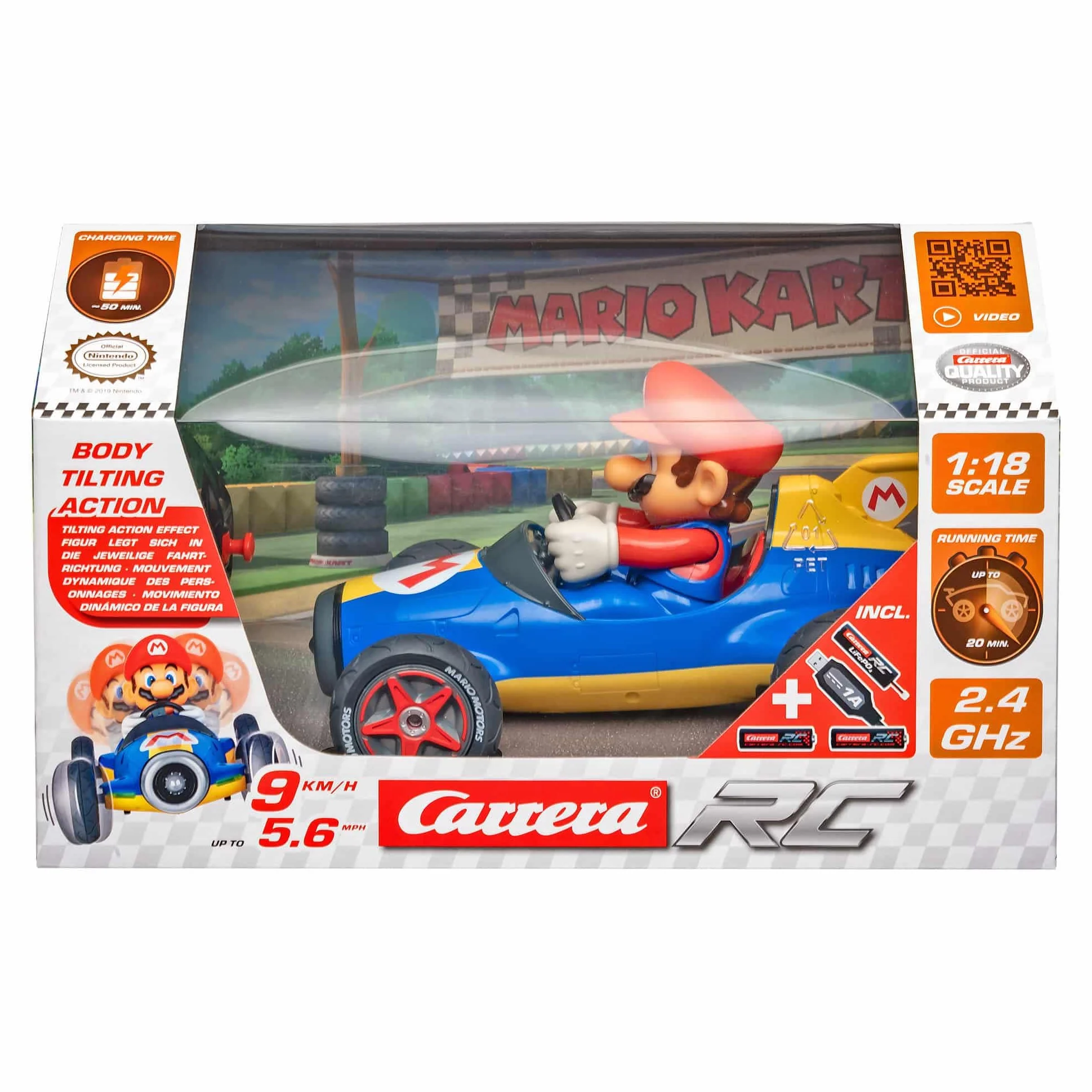 Carrera 370181066 Carrera RC Nintendo Mario Kart Mach 8 zdalnie sterowany samochód od 6 lat, do użytku wewnątrz i na zewnątrz Mini Mario Kart do zabrania ze sobą