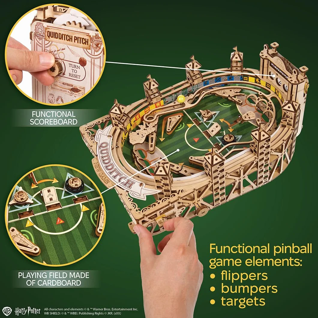 UGEARS Harry Potter Quidditch Flipper – zestaw modelarski dla dorosłych – drewniane puzzle 3D w stylu magicznego drewna – unikalny zestaw drewniany automatu do flippera jako przeżycie 3D dla dorosłych