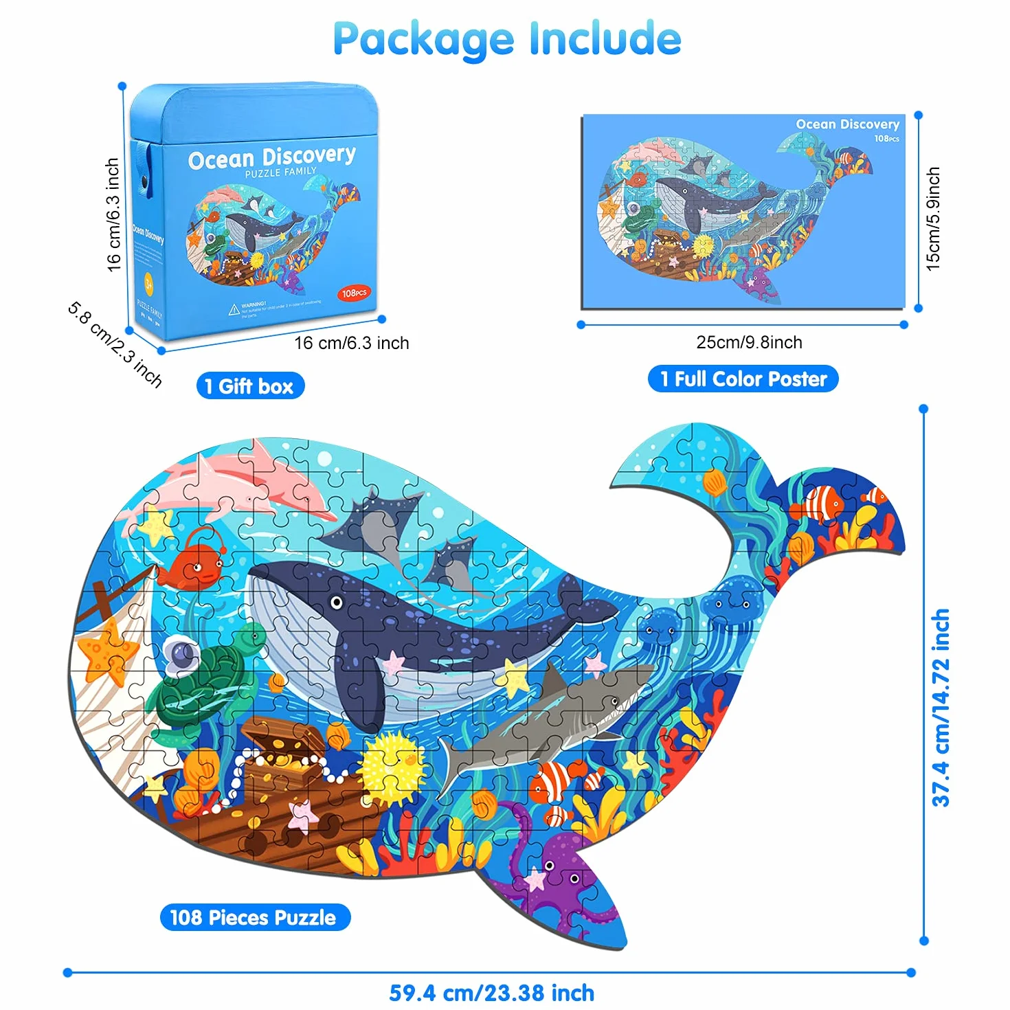 Ocean World Whale Jigsaw Puzzle dla dzieci, 108 element贸w Puzzle z du偶ymi elementami dla dzieci w wieku 4 5 6 7 8 9 10 lat