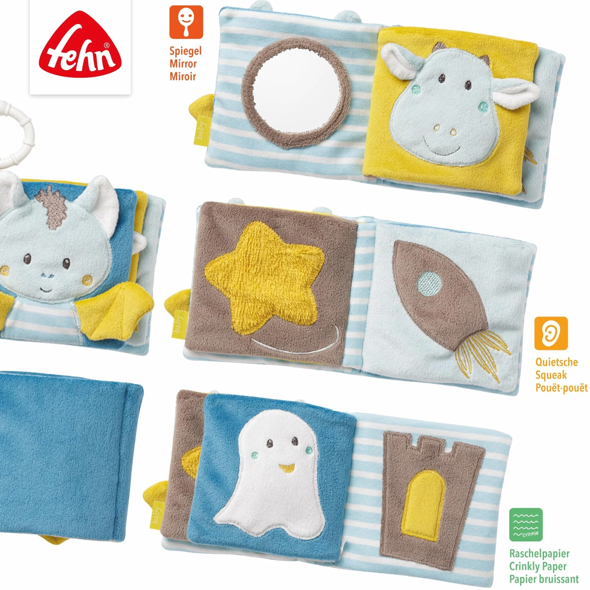Fehn Soft-Bilderbuch Fledermaus/Fühlbuch aus Stoff mit Tier Motiven - mit Quietsche, Raschelpapier und Spiegel für Babys und Kleinkinder ab 0+ Monaten/Maße: 11x11 cm