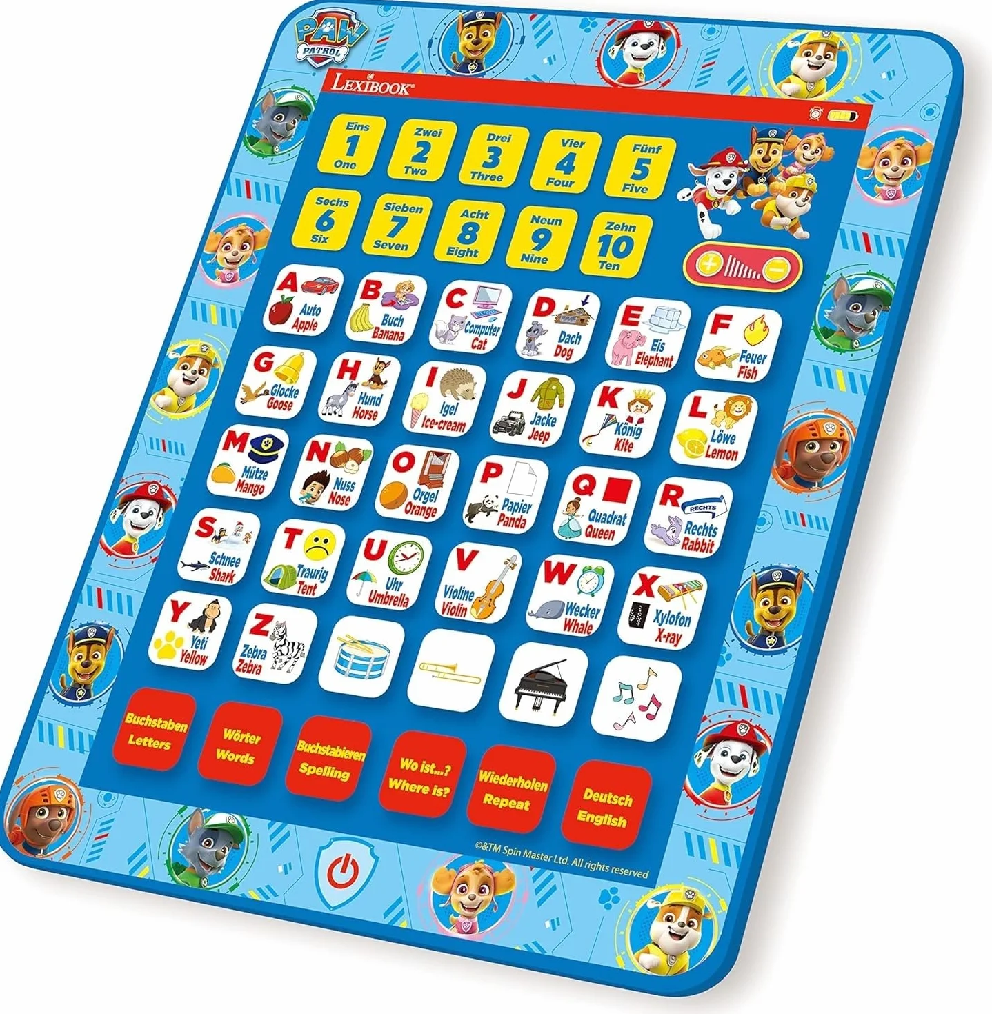 Lexibook JCPAD002PAi3 Psi Patrol Edukacyjny Dwujęzyczny Interaktywny Tablet, Zabawka do Nauki Liter Alfabetu, Cyfr, Słów, Pisowni i Muzyki, Język Angielski, Niemiecki, Niebieski