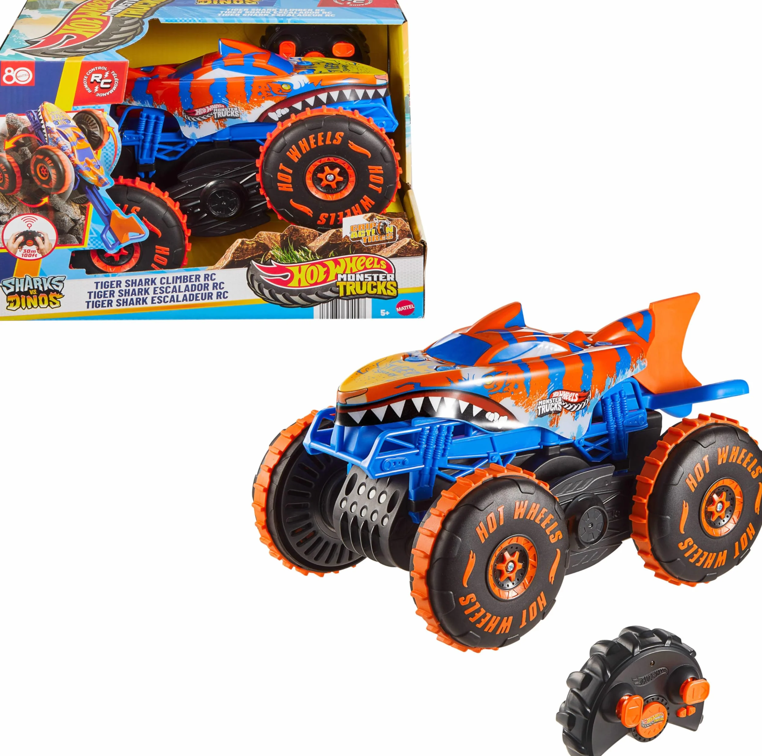 Hot Wheels Monster Trucks RC Tiger Shark Zdalnie Sterowany Pojazd z 3 Trybami Zabawy JFR39