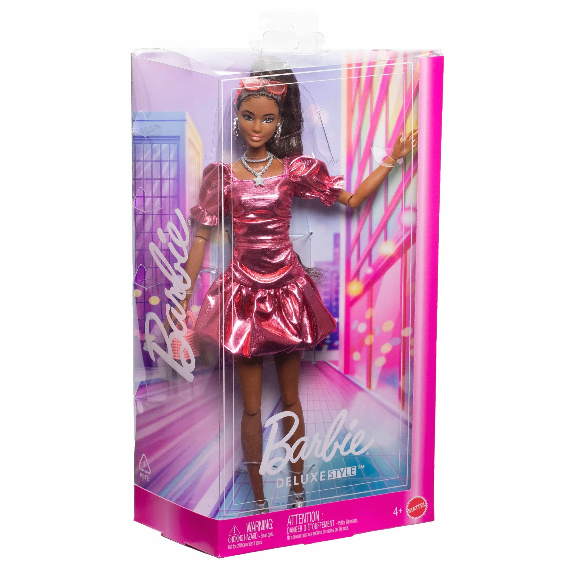 Barbie Deluxe Style Lalka modowa #6 z czarnymi włosami w kitkę, w metalicznej koralowej sukience, z akcesoriami, w tym okularami przeciwsłonecznymi, biżuterią i torebką, zabawka dla dzieci, JFP41