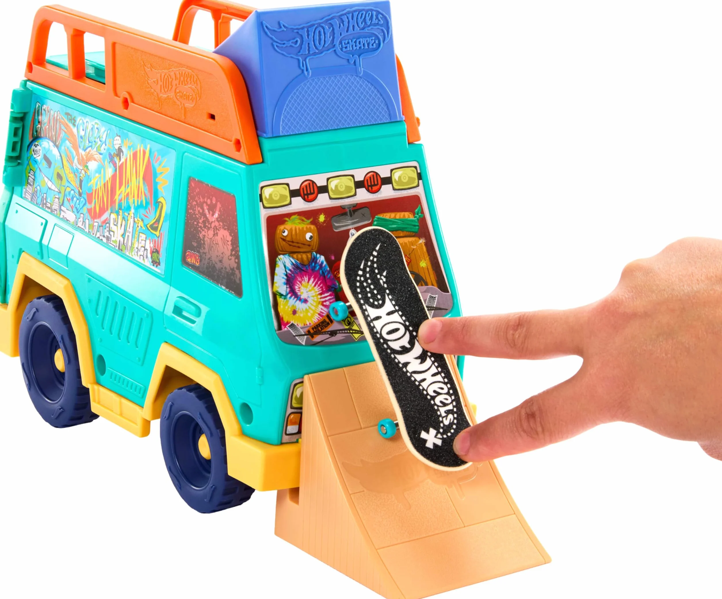 Hot Wheels Skate Van Pojazd i Zestaw 2 w 1 z Deskorolką i Butami na Palce Tony Hawk, Zabawka dla Dzieci JGG91