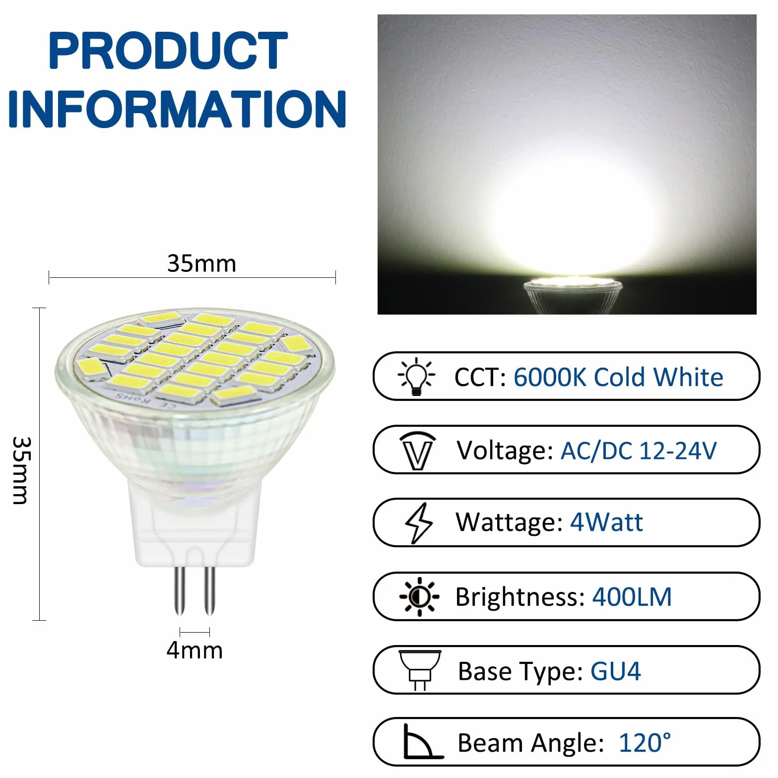 Akynite Reflektor MR11 GU4 12V 4W LED zimne światło 6000K, 120°, 400LM, Ø35mm MR11 35 W równoważny halogen, AC DC 12V-24V GU4 LED reflektor wpuszczany do okapu kuchennego kampera, zestaw 4 szt