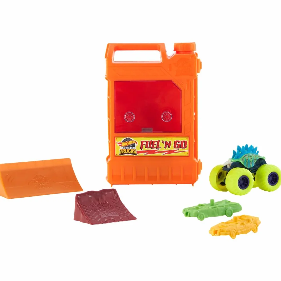 Hot Wheels Monster Trucks „Tankuj i jedź” Zabawkowy kanister przekształcający się w zestaw kaskaderski, z pojazdem Motosaurus w skali 1:64 i 2 autkami do „zgniatania”, HXT04