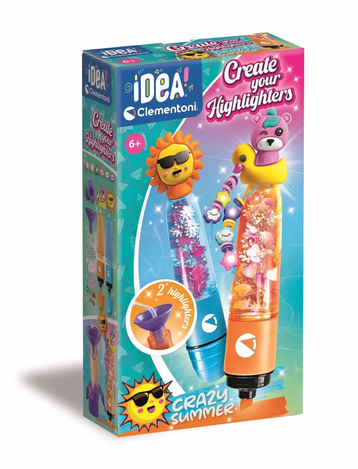 Clementoni Idea - Create Your Highlighters: Crazy Summer, Laboratorium spersonalizowanych zakreślaczy, kreatywny zestaw dla dzieci w wieku 6 lat, z 3 spersonalizowanymi markerami z akcesoriami, 18130