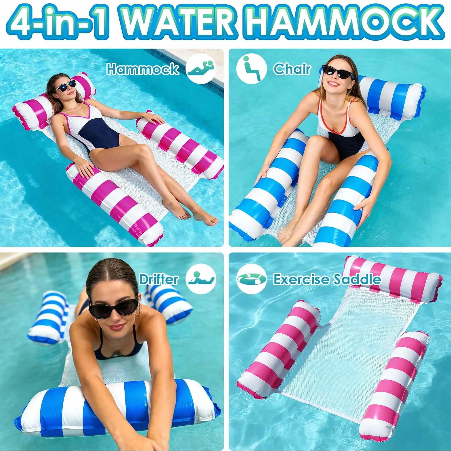 2 materace dmuchane do basenu, 4 w 1, hamak wodny z oparciem i podłokietnikami, siedzisko do pływania, siedzisko basenowe, leżak słoneczny, wodne krzesło relaksacyjne z pompką nadmuchującą